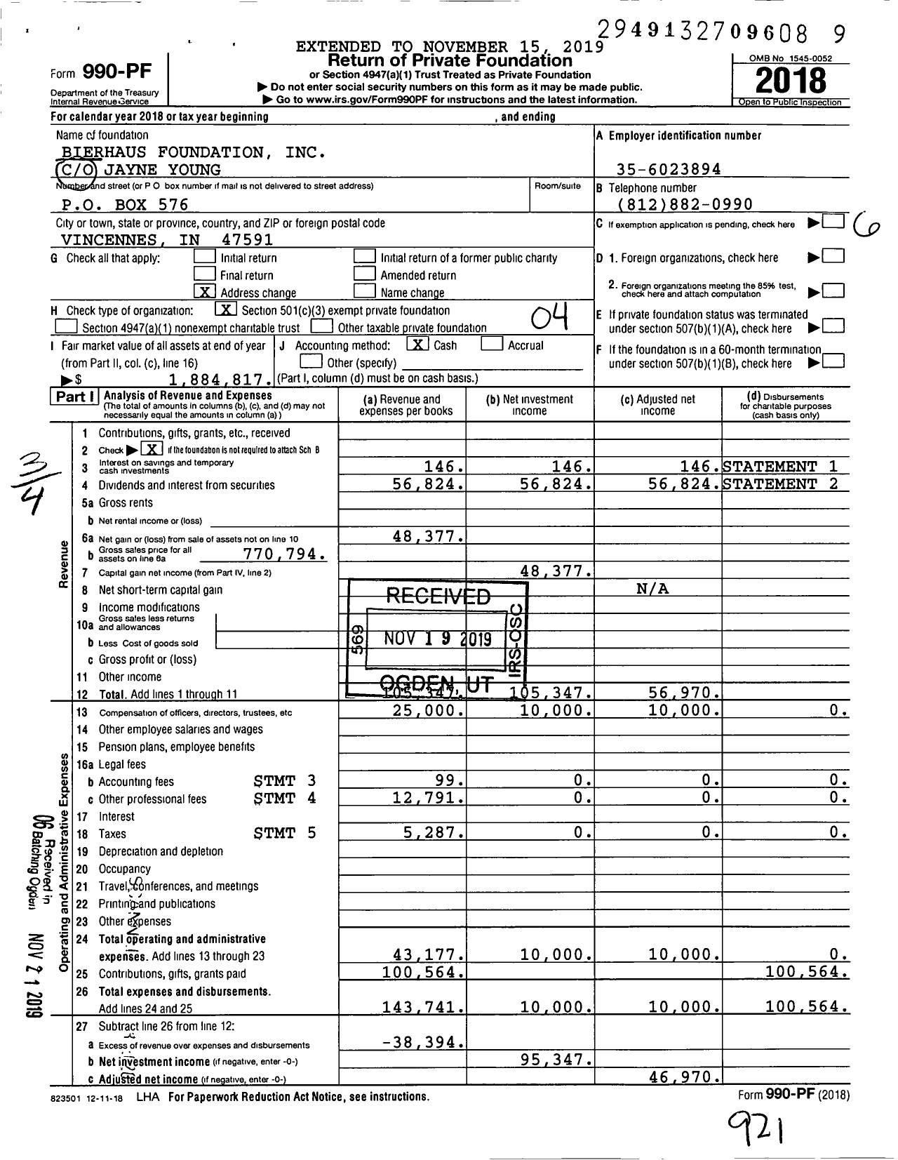 Image of first page of 2018 Form 990PF for Bierhaus Foundation