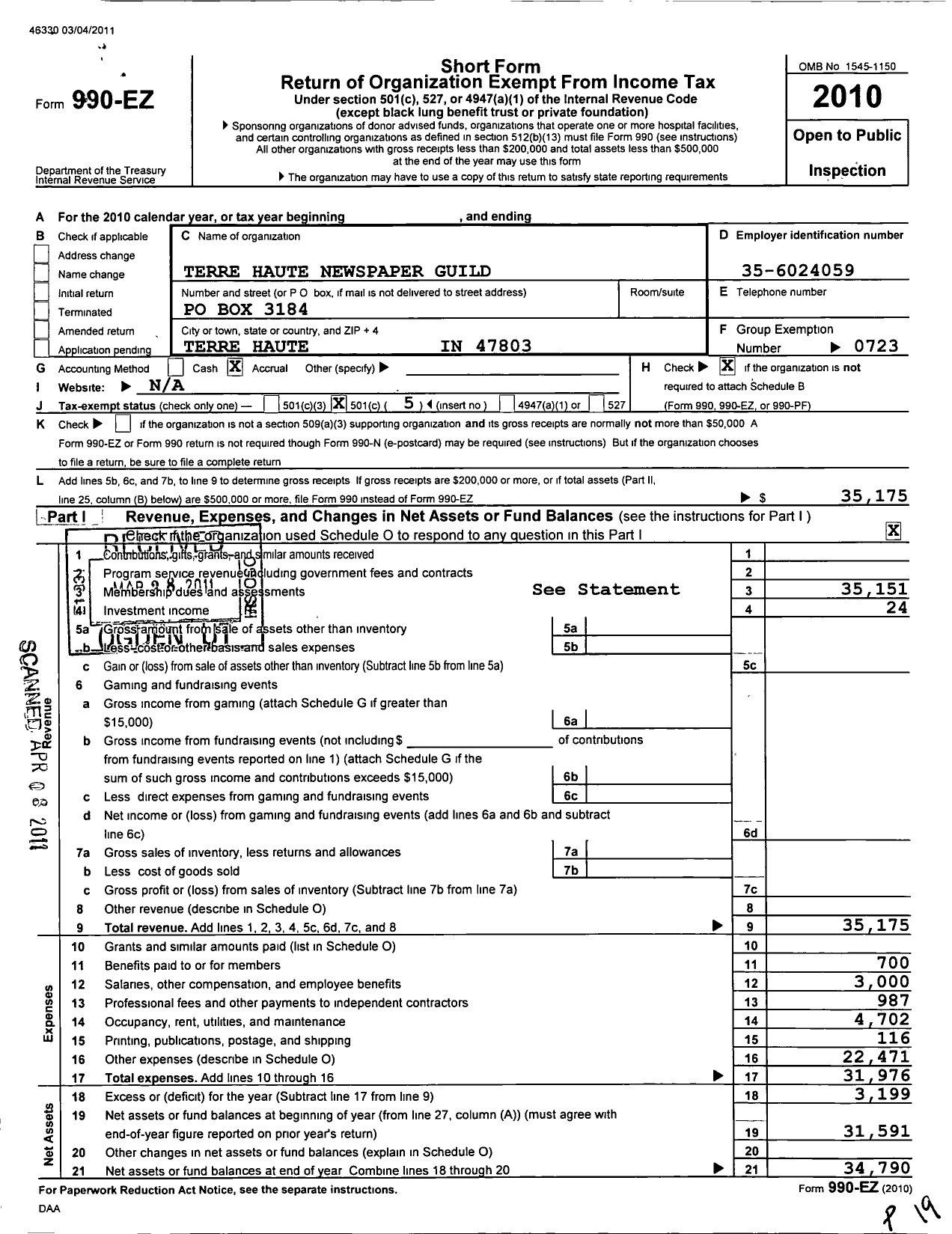 Image of first page of 2010 Form 990EO for Communications Workers of America - 34046 Local