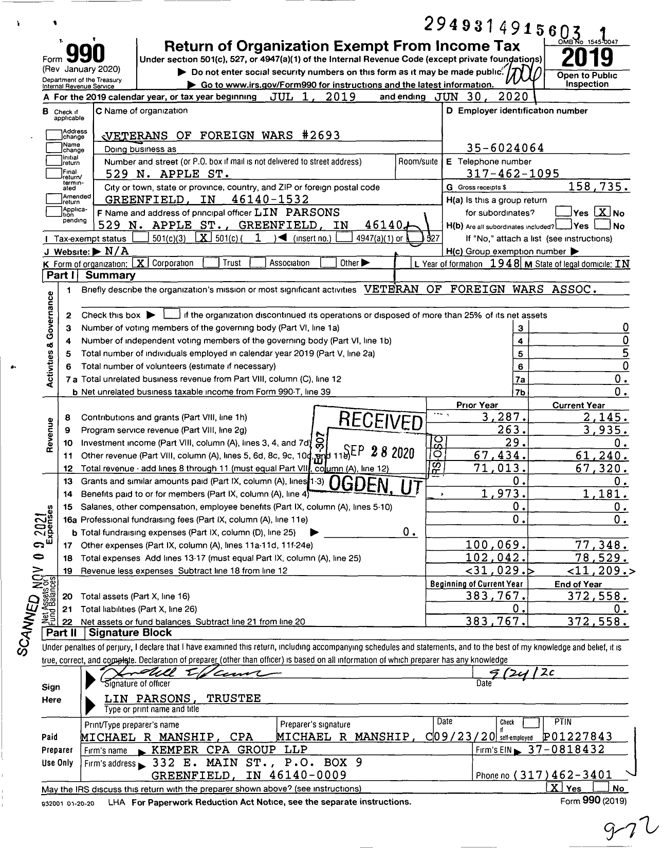 Image of first page of 2019 Form 990O for VFW Department of Indiana - 2693 Brewer Culley Post Vfw-Ind