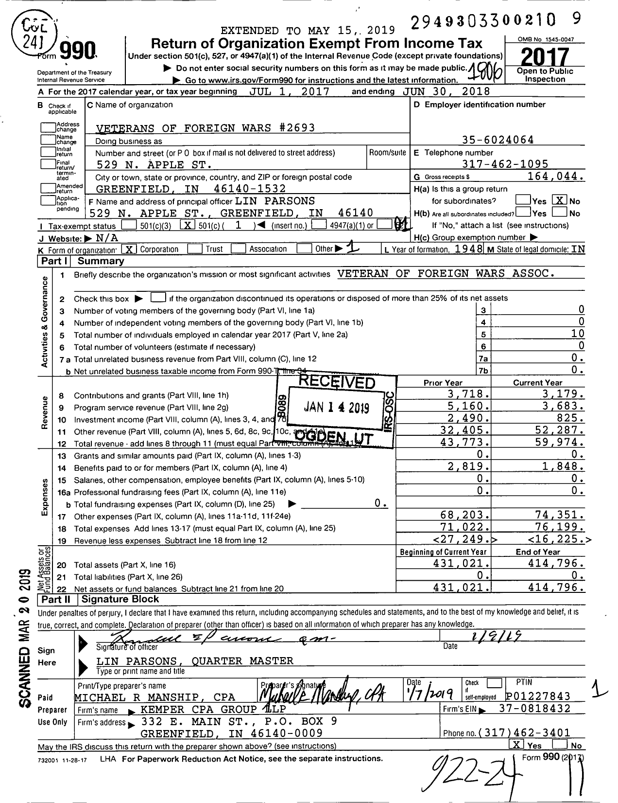 Image of first page of 2017 Form 990O for VFW Department of Indiana - 2693 Brewer Culley Post Vfw-Ind