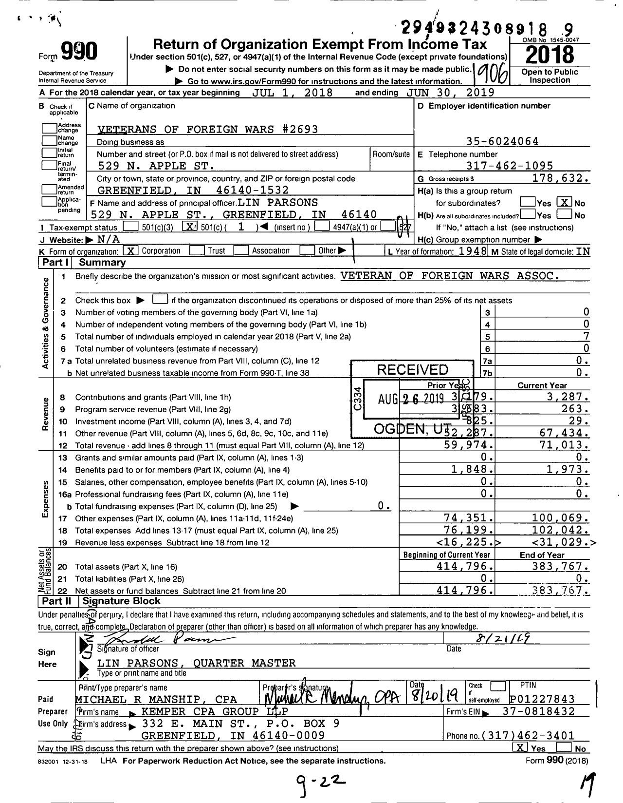 Image of first page of 2018 Form 990O for VFW Department of Indiana - 2693 Brewer Culley Post Vfw-Ind