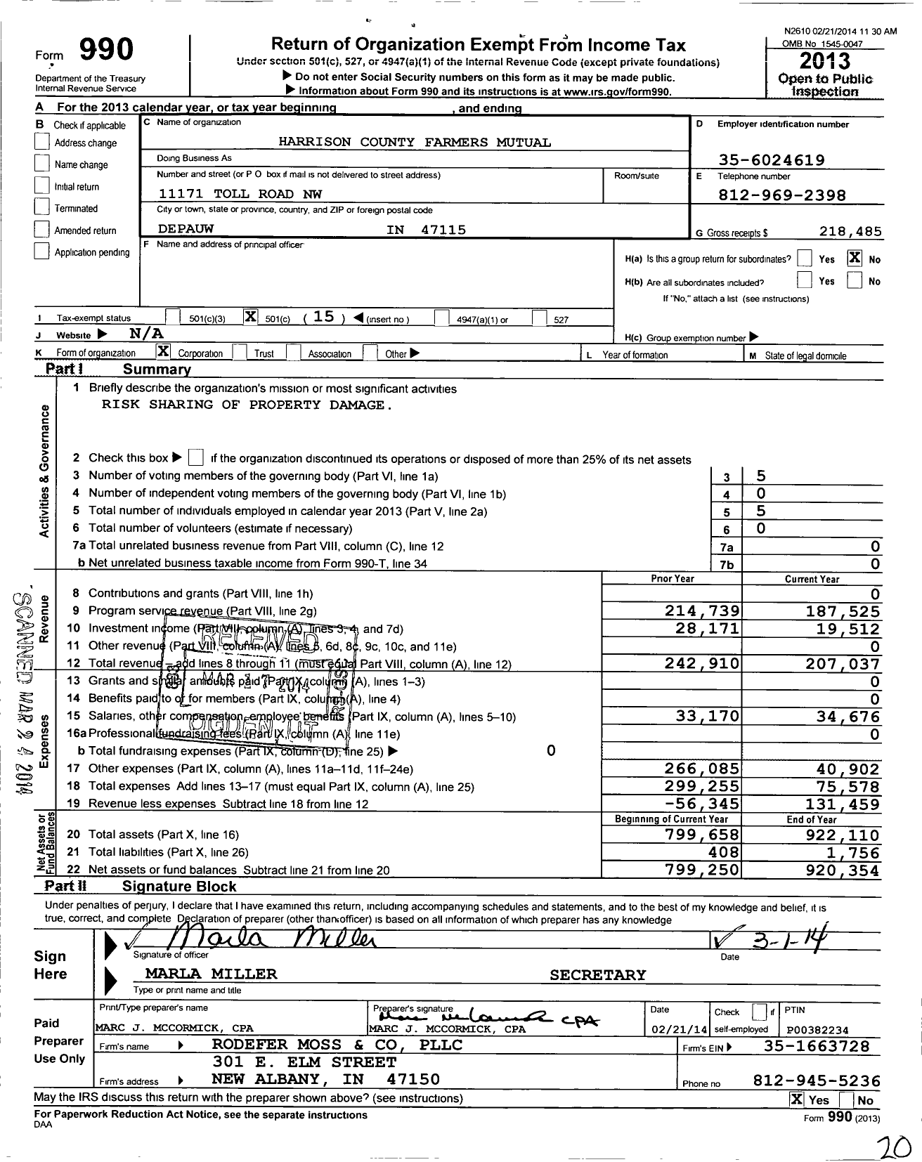 Image of first page of 2013 Form 990O for Harrison County Farmers Mutual