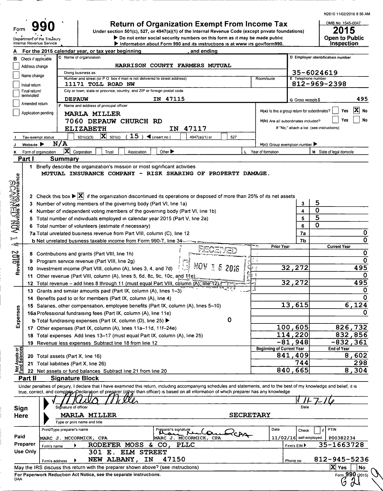 Image of first page of 2015 Form 990O for Harrison County Farmers Mutual