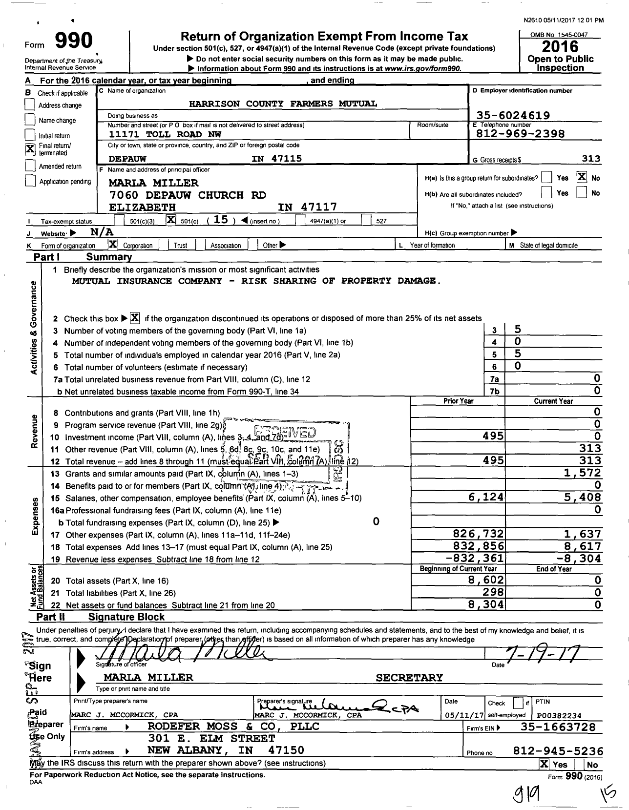 Image of first page of 2016 Form 990O for Harrison County Farmers Mutual