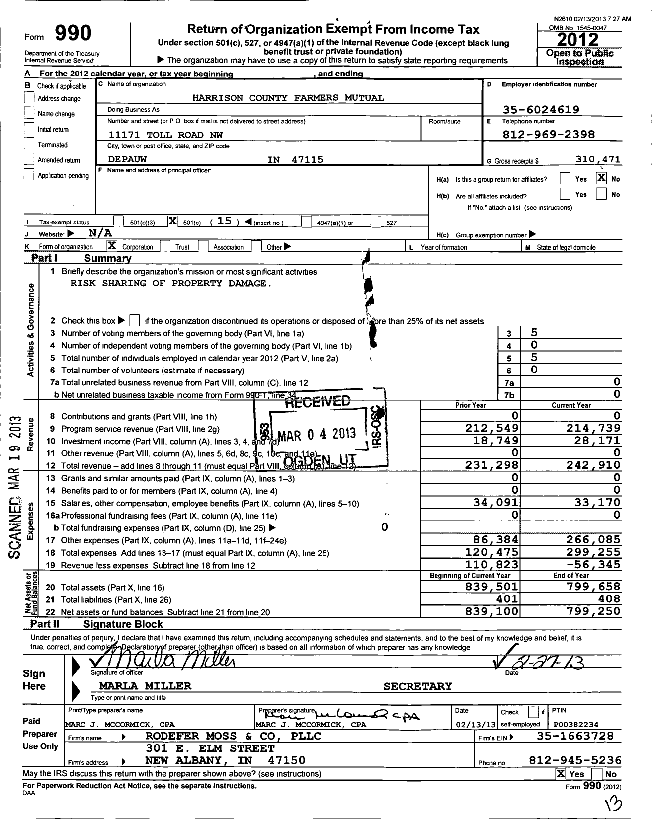 Image of first page of 2012 Form 990O for Harrison County Farmers Mutual