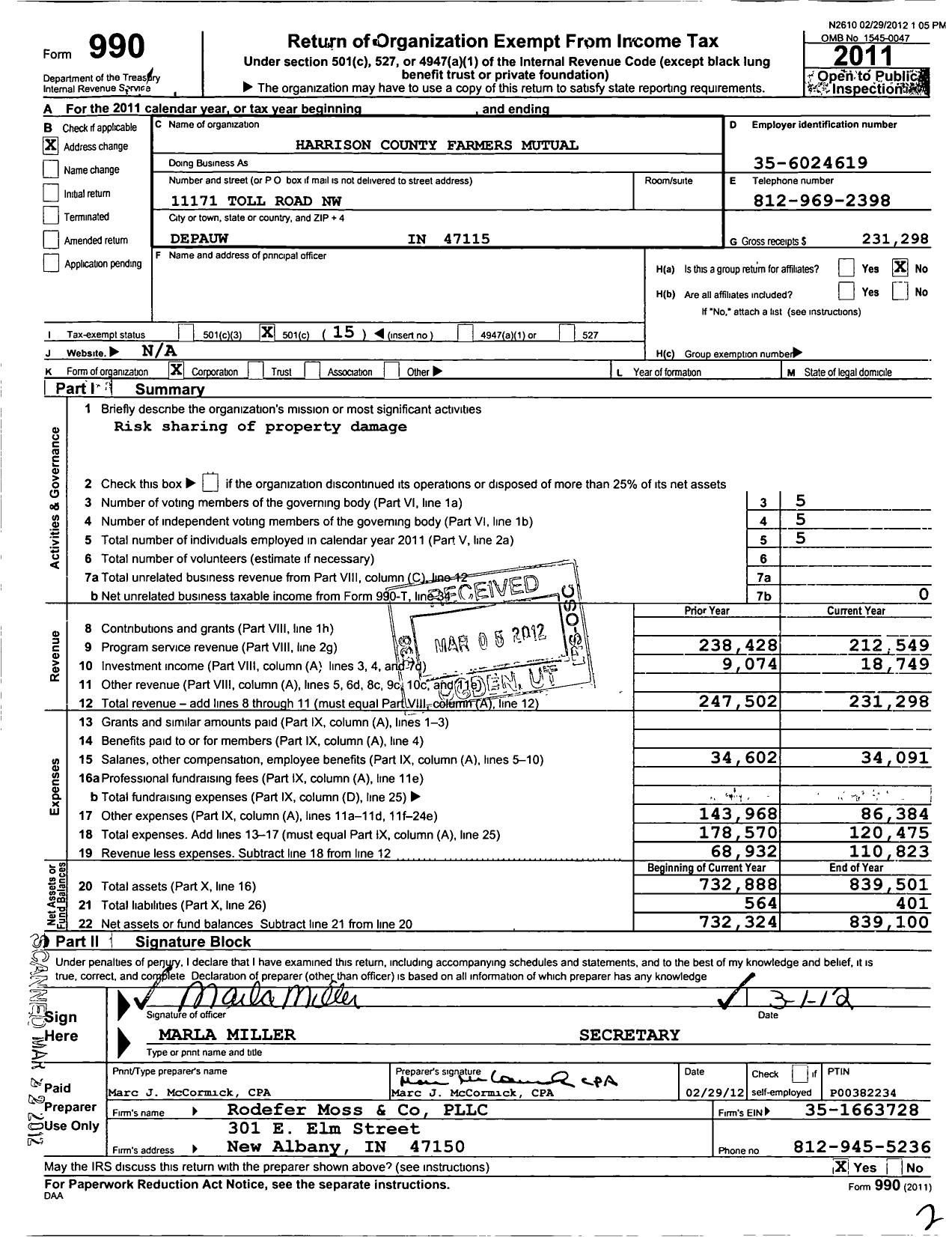 Image of first page of 2011 Form 990O for Harrison County Farmers Mutual