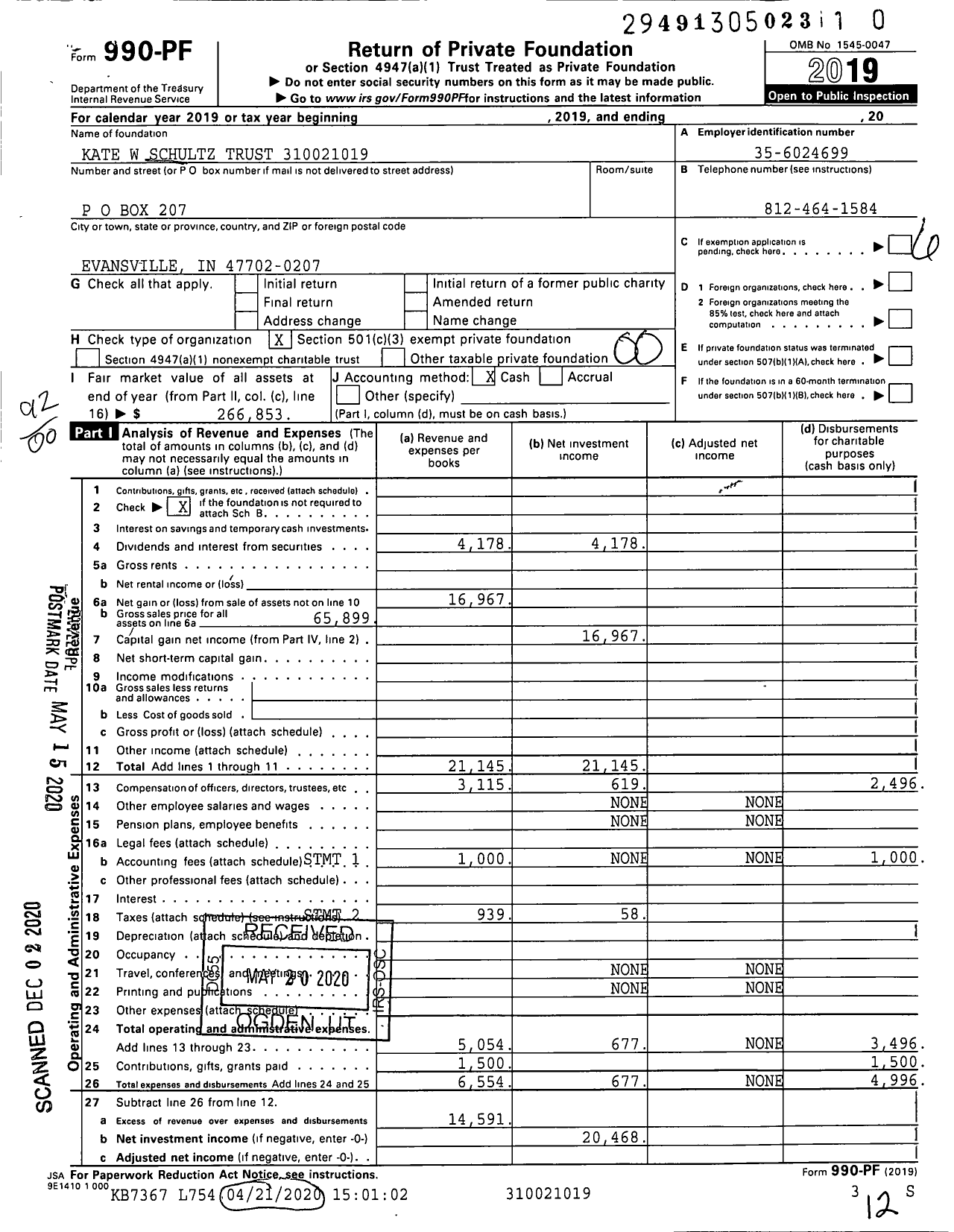 Image of first page of 2019 Form 990PF for Kate W Schultz Trust XXX-XX-XXXX