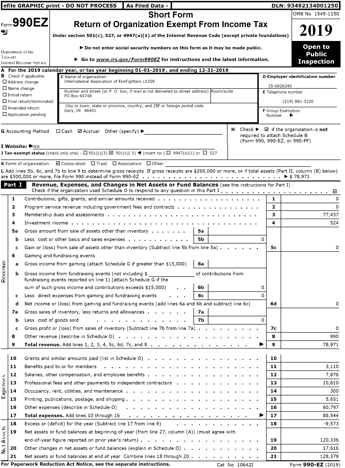 Image of first page of 2019 Form 990EO for International Association of Firefighters L0359