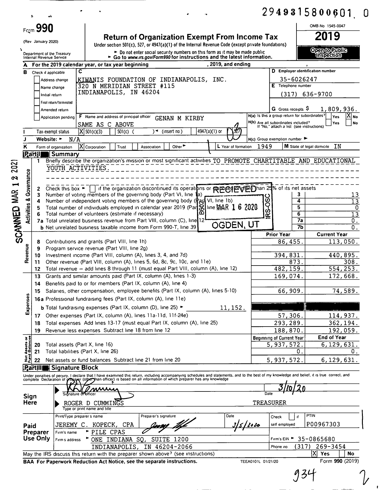 Image of first page of 2019 Form 990 for Kiwanis Foundation of Indianapolis