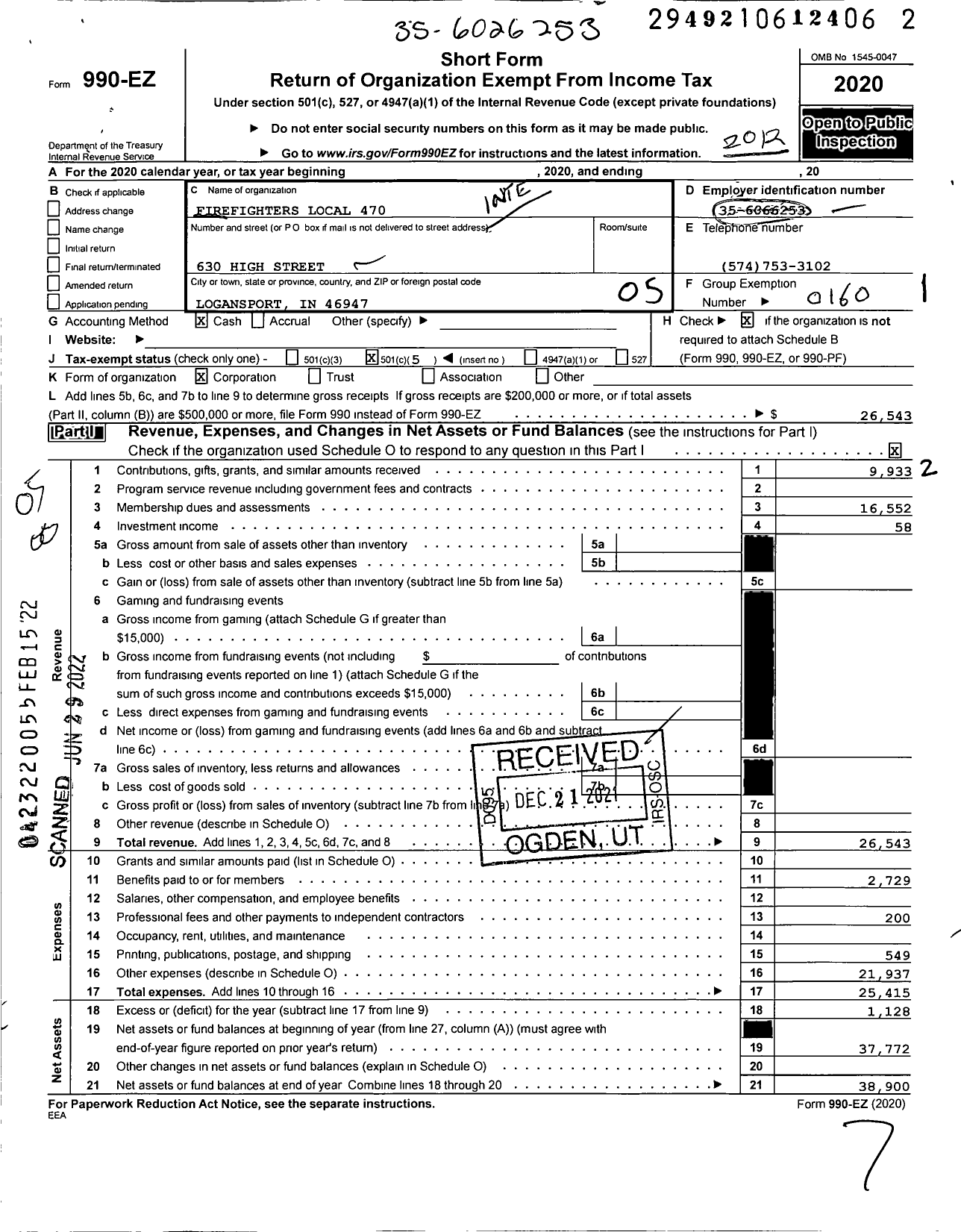 Image of first page of 2020 Form 990EO for International Association of Fire Fighters - L0470 Logansport