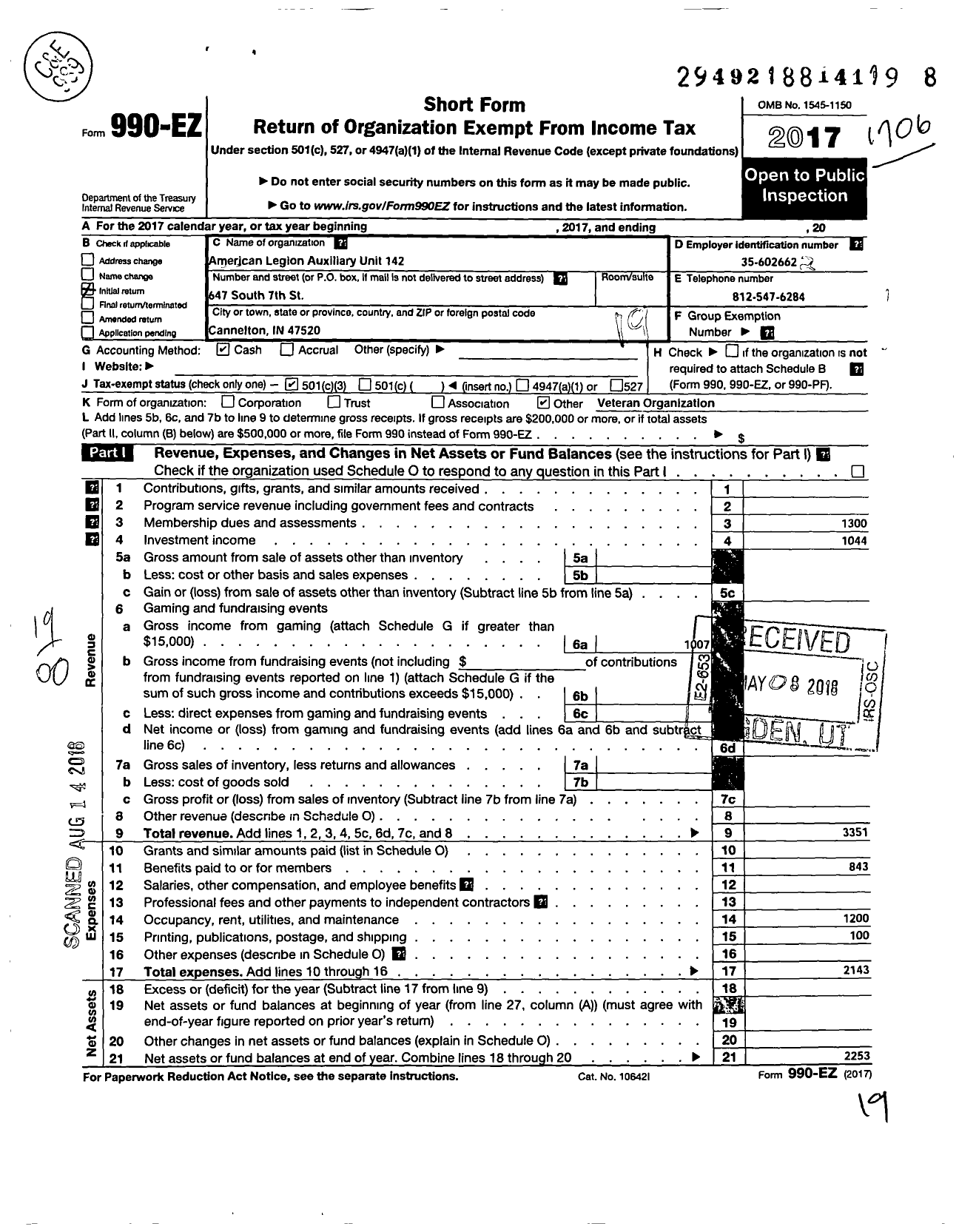 Image of first page of 2016 Form 990EO for American Legion Auxiliary - 142 Harry G Myers