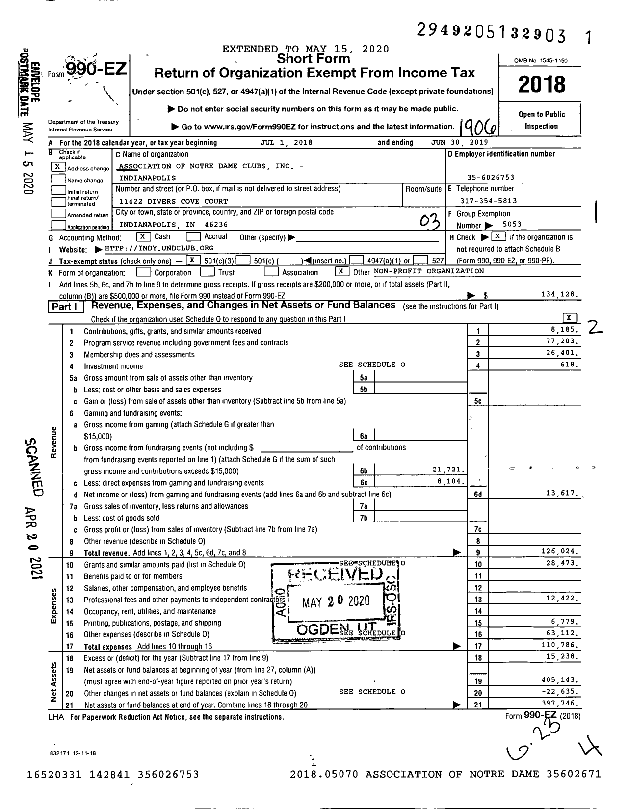 Image of first page of 2018 Form 990EZ for Association of Notre Dame Clubs - Indianapolis