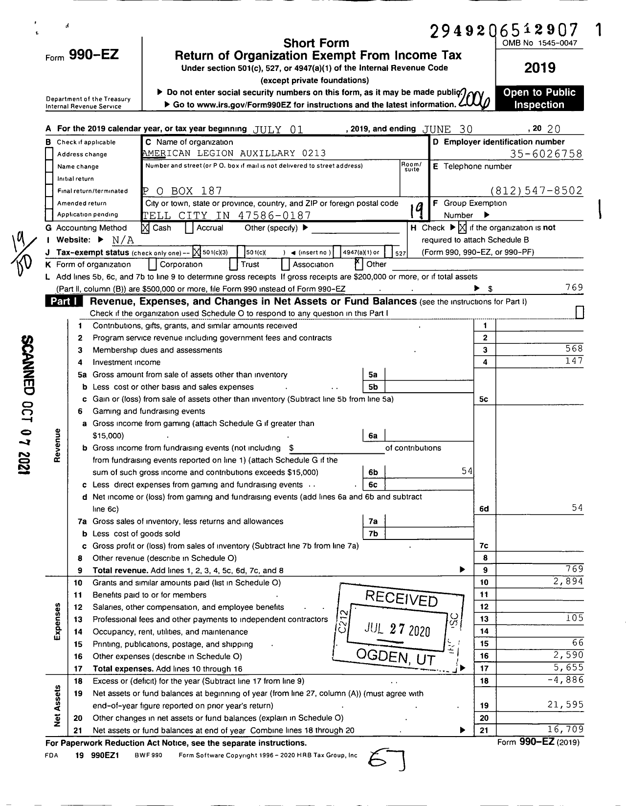 Image of first page of 2019 Form 990EO for American Legion Auxiliary - 213 Perry County