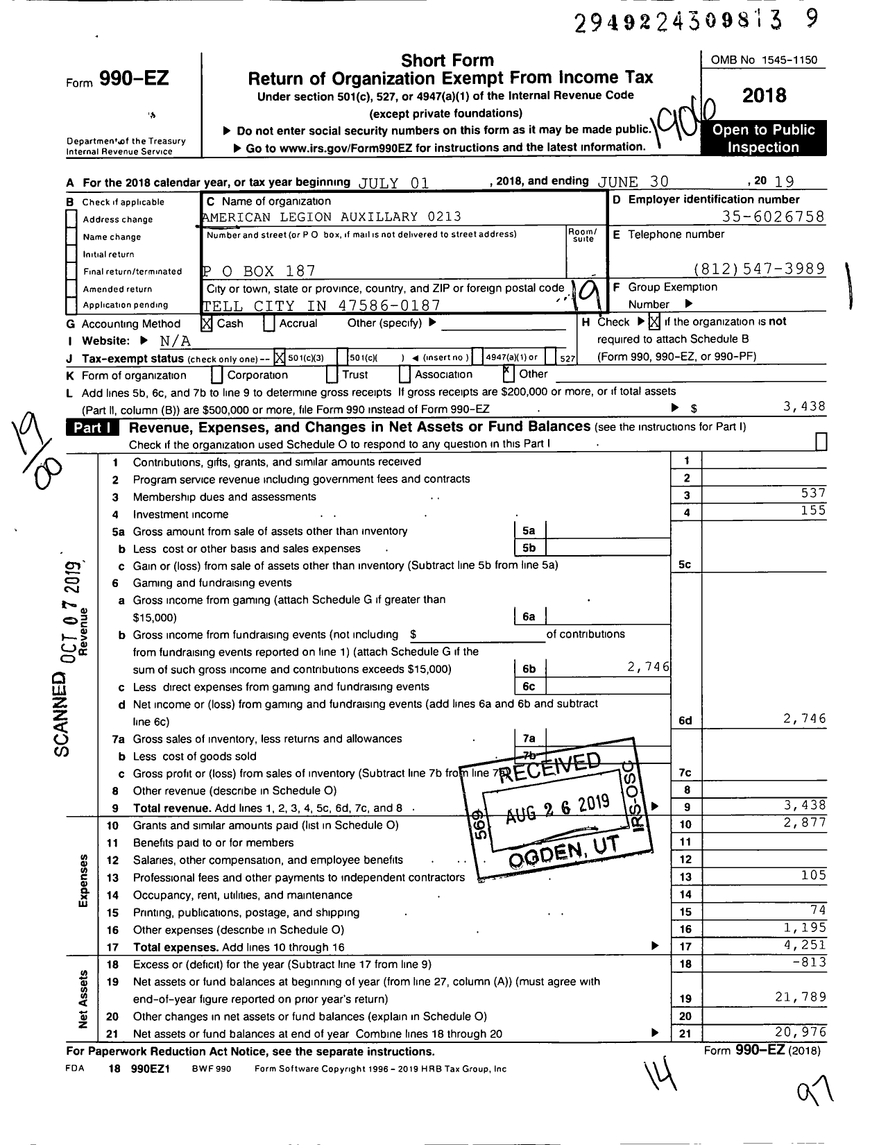 Image of first page of 2018 Form 990EO for American Legion Auxiliary - 213 Perry County