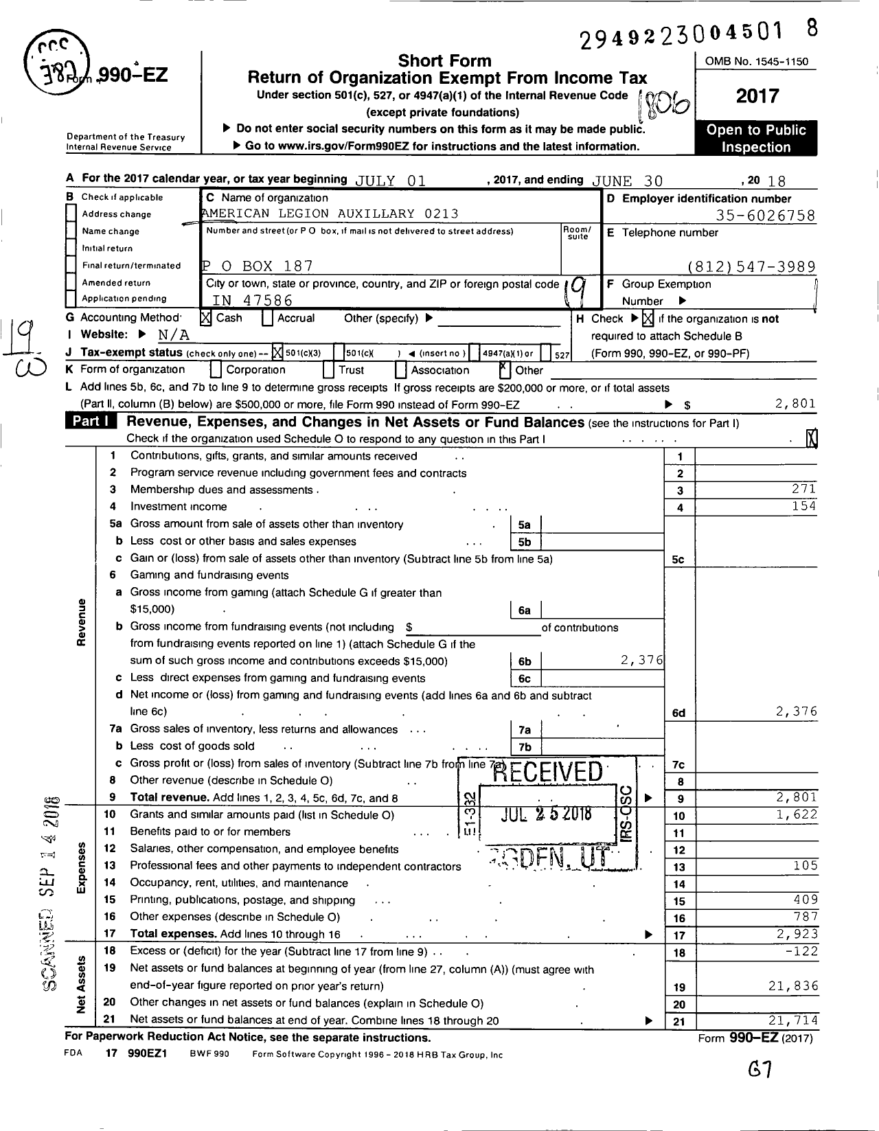 Image of first page of 2017 Form 990EO for American Legion Auxiliary - 213 Perry County