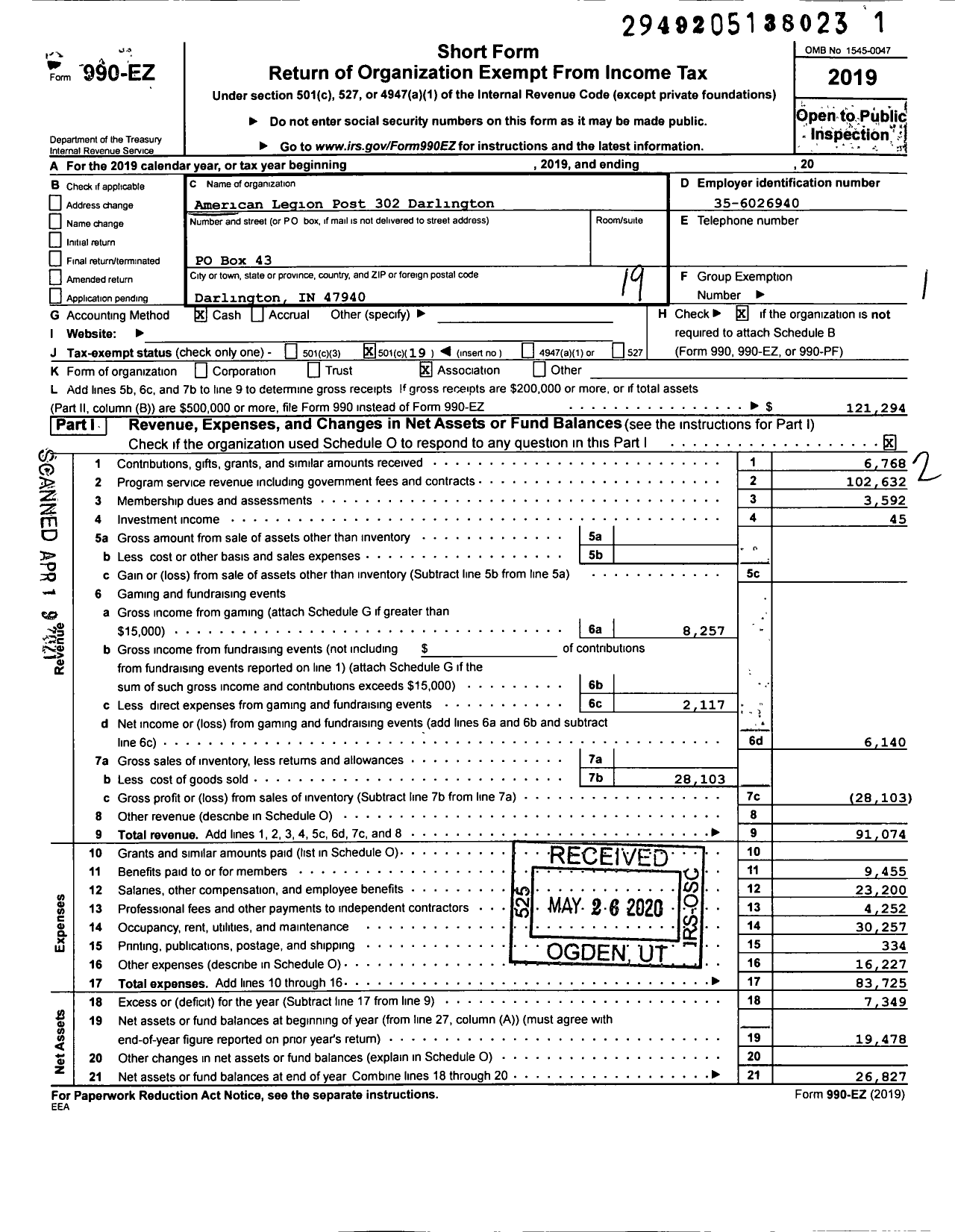 Image of first page of 2019 Form 990EO for American Legion Post 302 Darlington