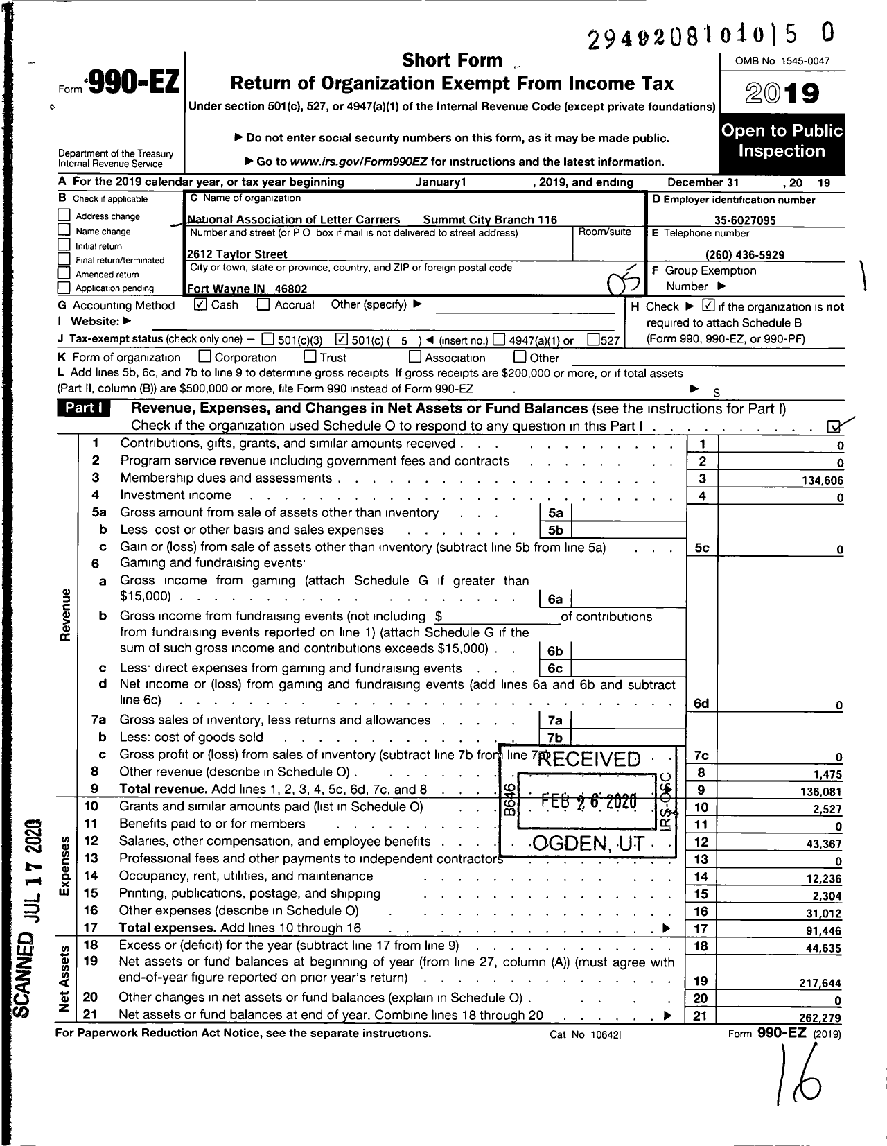 Image of first page of 2019 Form 990EO for NATIONAL ASSOCIATION OF LETTER CARRIERS - 116 Fort Wayne Indiana