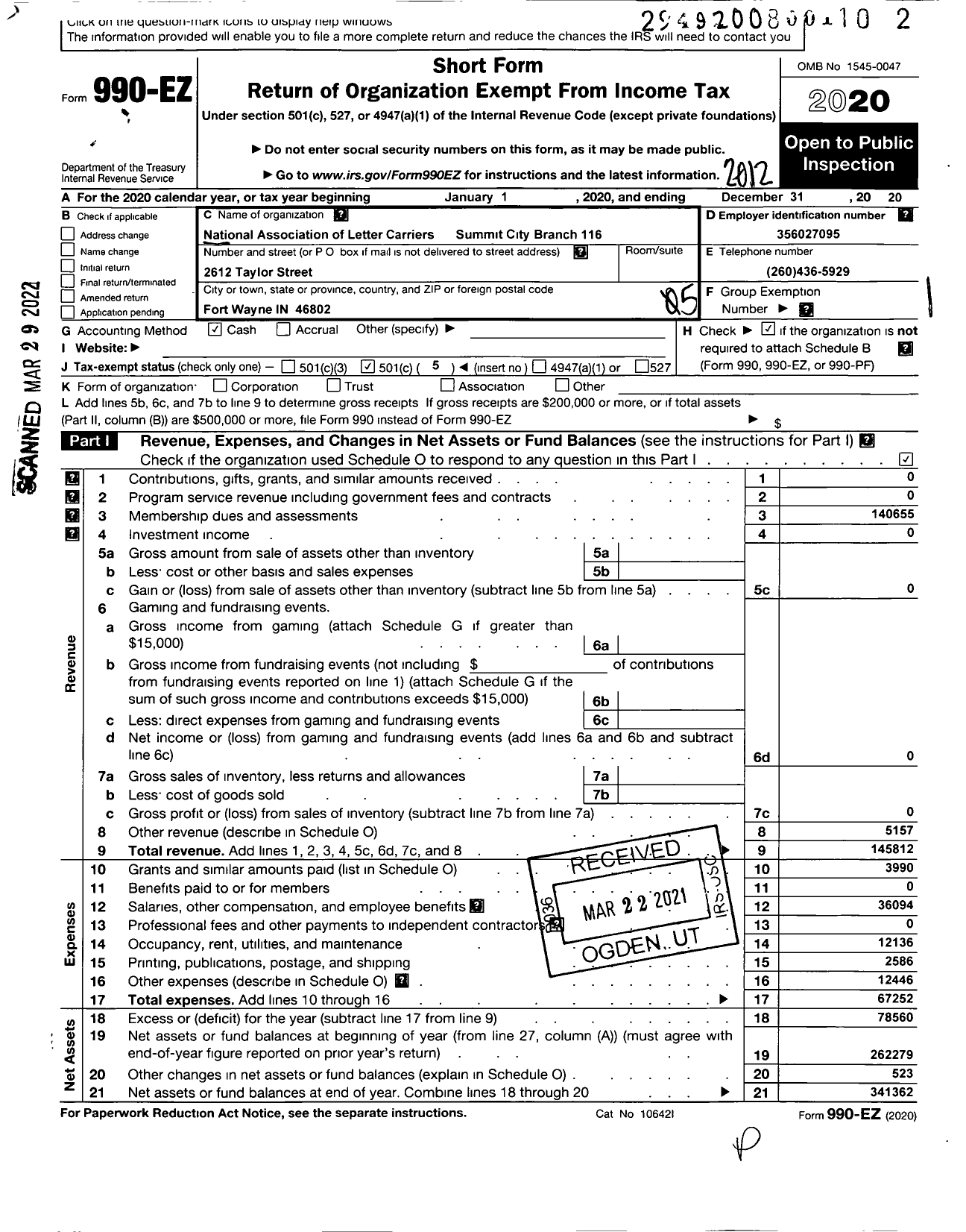 Image of first page of 2020 Form 990EO for NATIONAL ASSOCIATION OF LETTER CARRIERS - 116 Fort Wayne Indiana