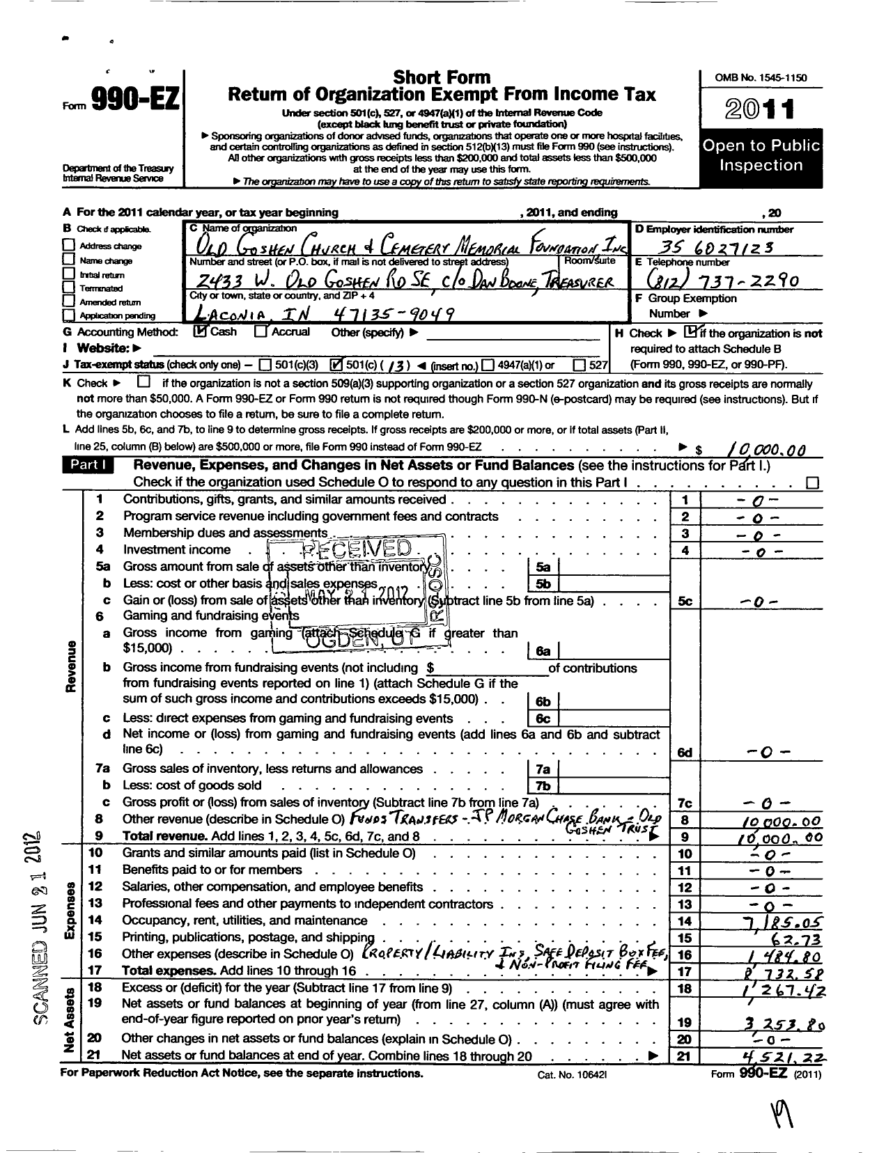 Image of first page of 2011 Form 990EO for Old Goshen Church and Cemetery Memorial Foundation