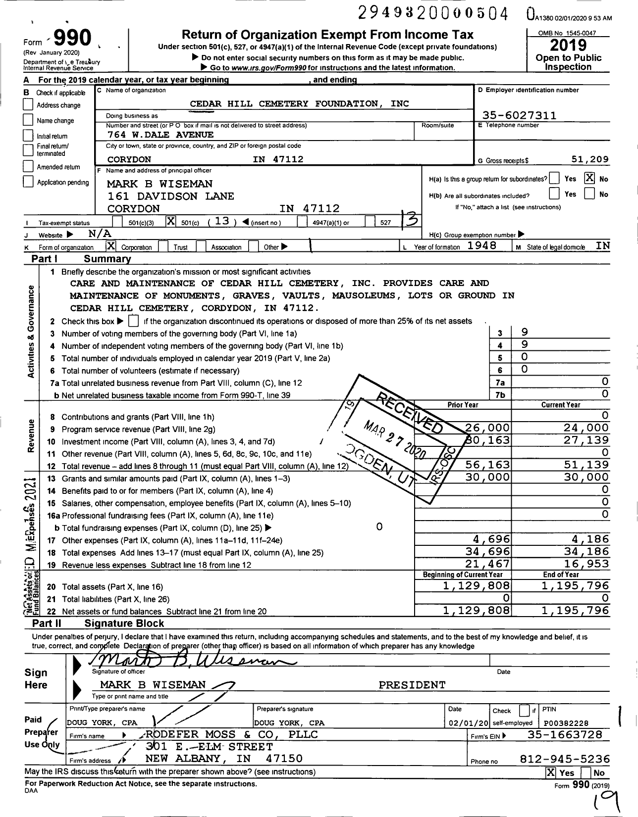 Image of first page of 2019 Form 990O for Cedar Hill Cemetery Foundation