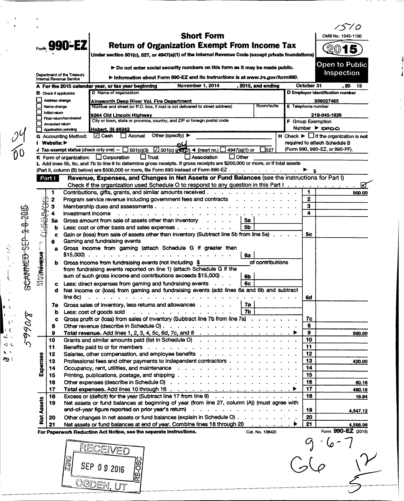 Image of first page of 2014 Form 990EO for Ainsworth Deep River Volunteer Fire Department