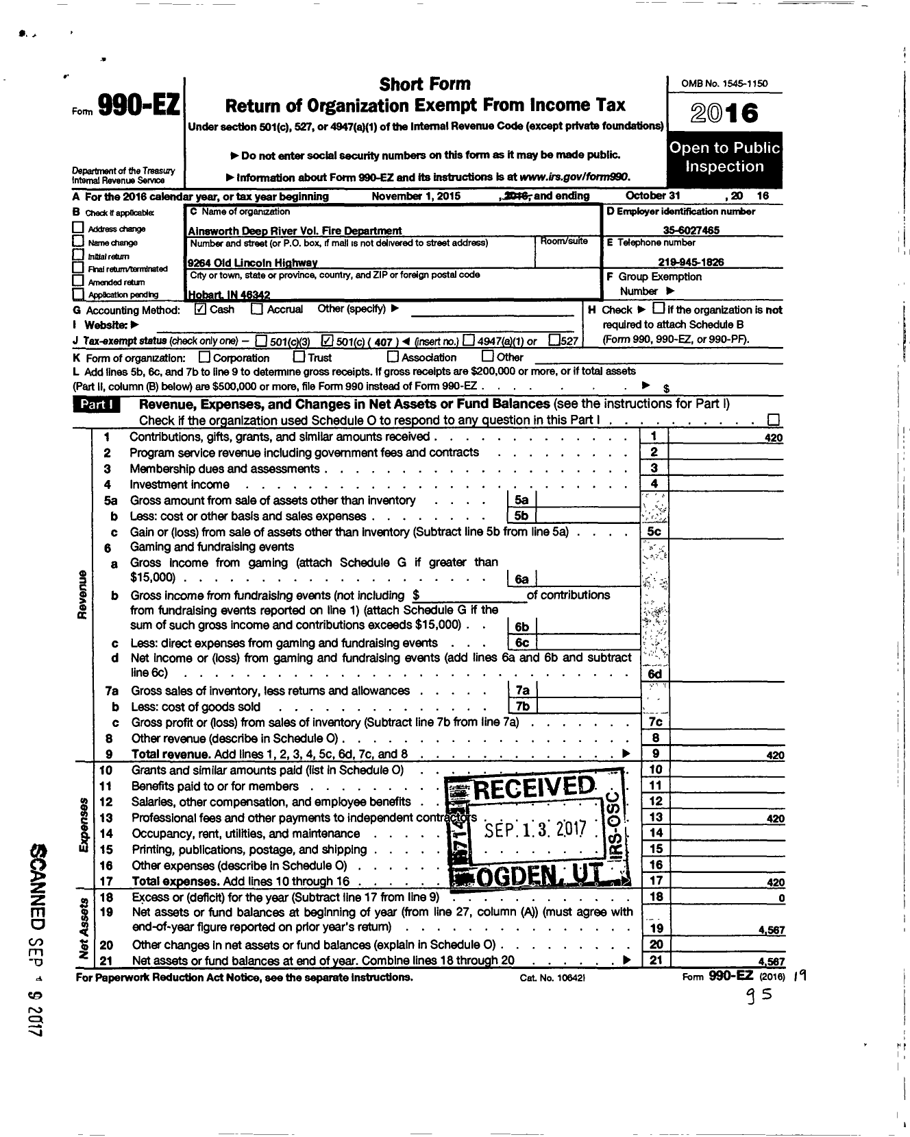 Image of first page of 2015 Form 990EO for Ainsworth Deep River Volunteer Fire Department