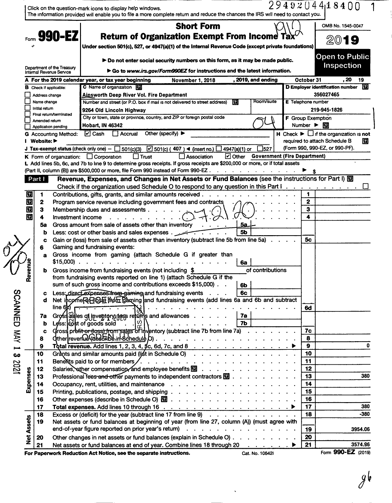 Image of first page of 2019 Form 990EO for Ainsworth Deep River Volunteer Fire Department