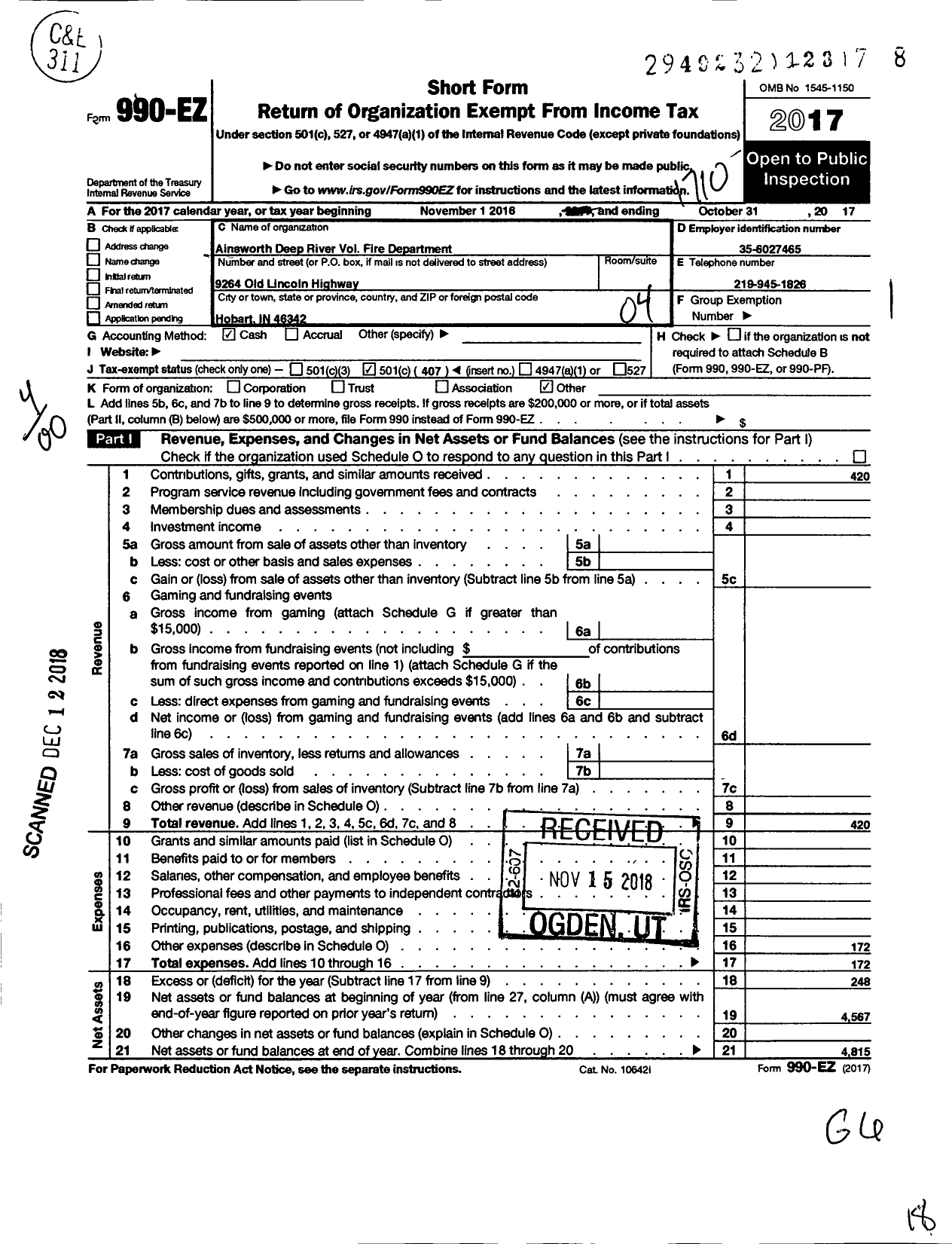 Image of first page of 2016 Form 990EO for Ainsworth Deep River Volunteer Fire Department