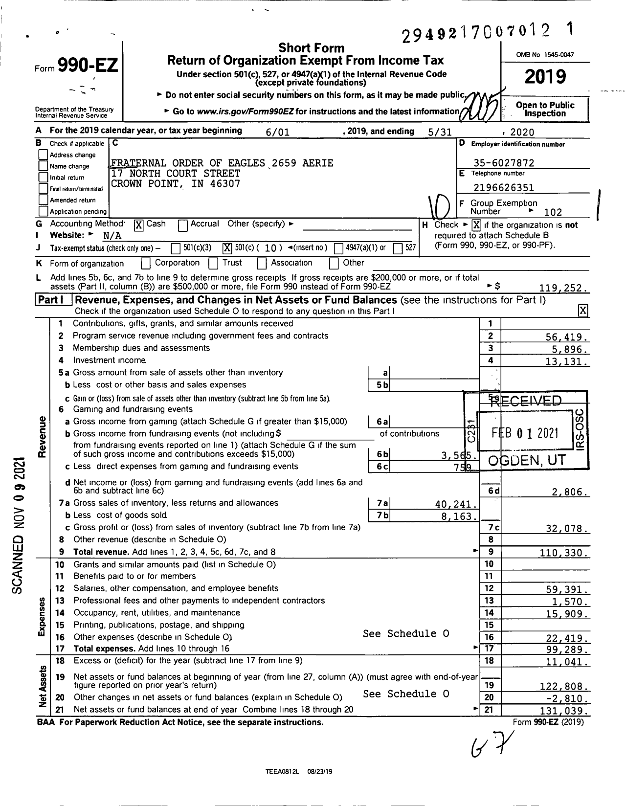 Image of first page of 2019 Form 990EO for Fraternal Order of Eagles 2659 Aerie