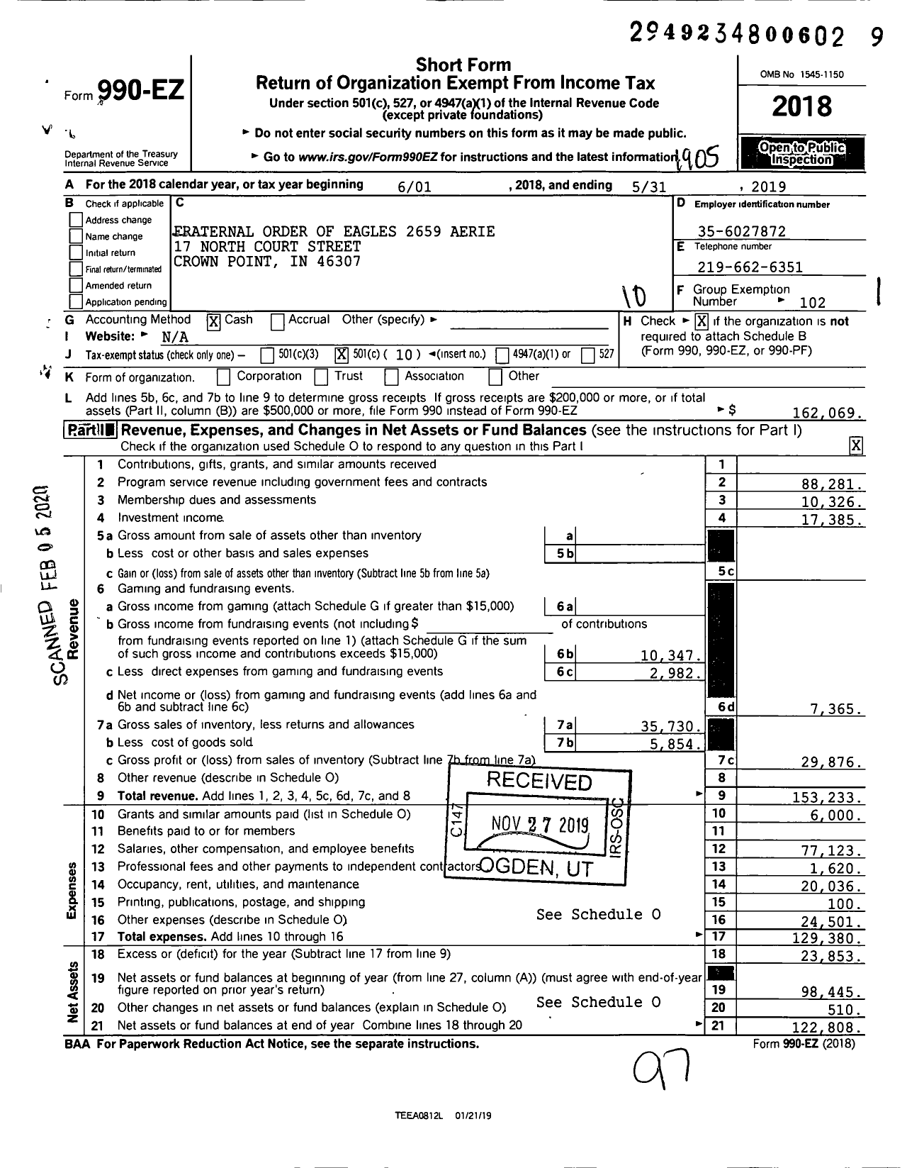 Image of first page of 2018 Form 990EO for Fraternal Order of Eagles 2659 Aerie