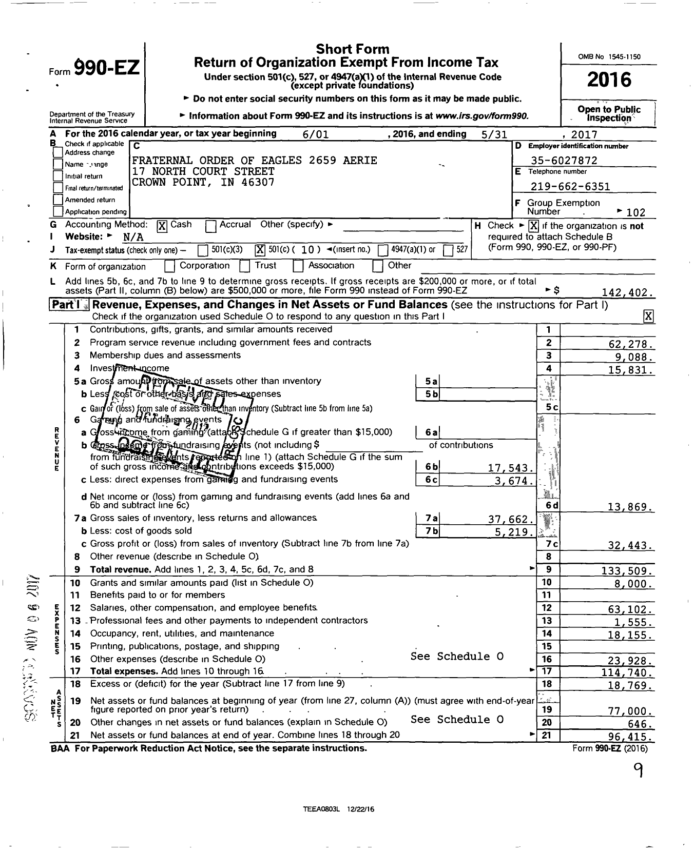 Image of first page of 2016 Form 990EO for Fraternal Order of Eagles 2659 Aerie