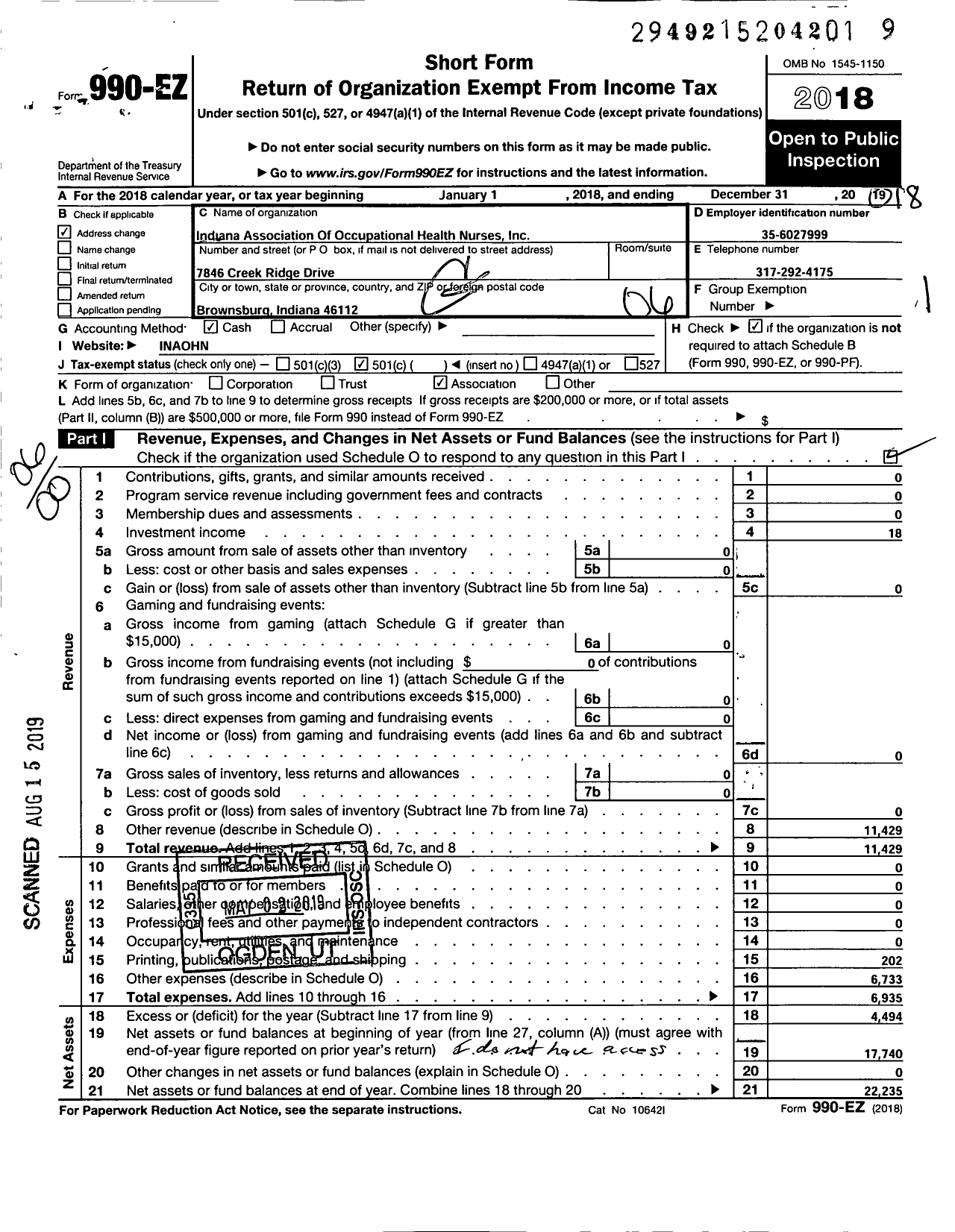 Image of first page of 2018 Form 990EO for Indiana Association of Occupational Health Nurses