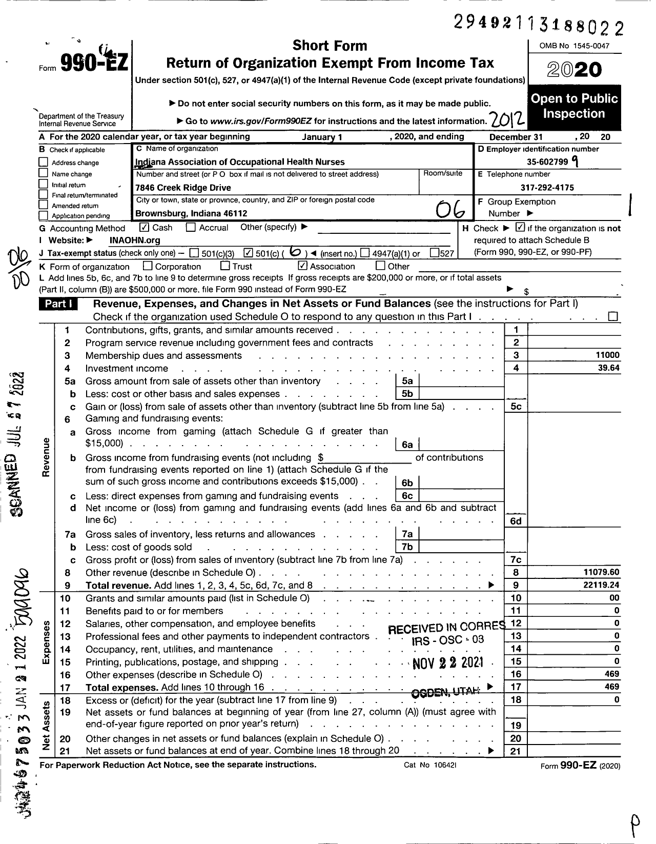 Image of first page of 2020 Form 990EO for Indiana Association of Occupational Health Nurses