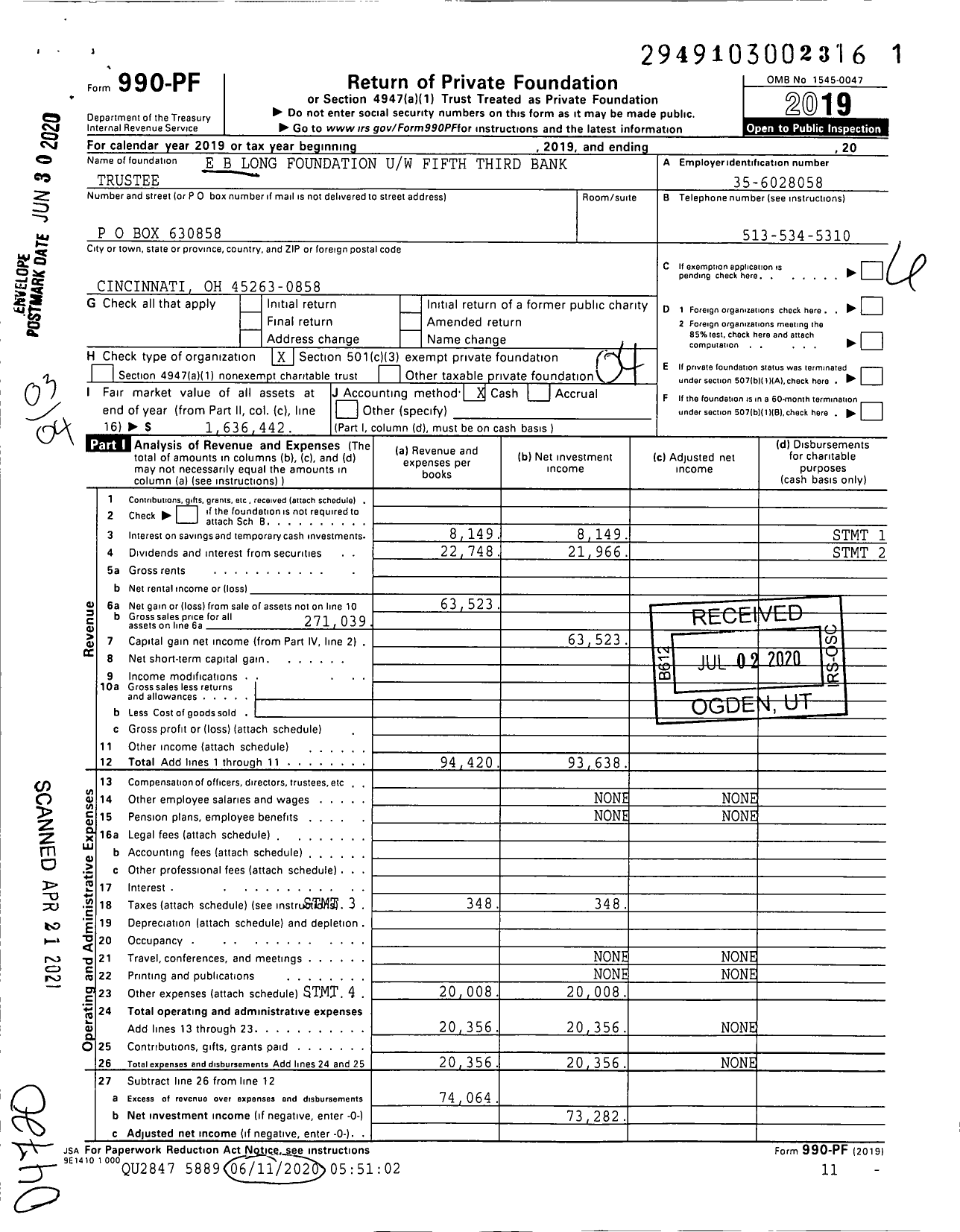 Image of first page of 2019 Form 990PF for E B Long Foundation Uw Fifth Third Bank