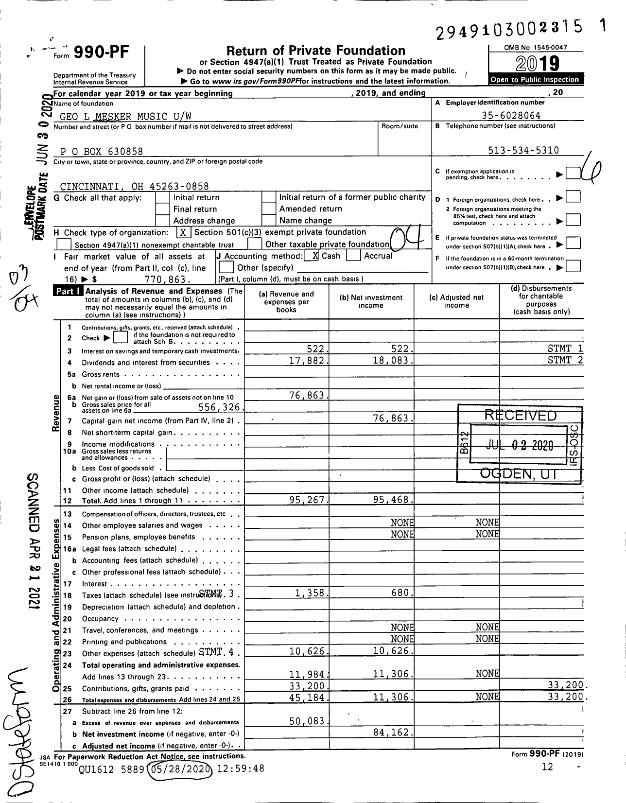 Image of first page of 2019 Form 990PF for Geo L Mesker Music Uw