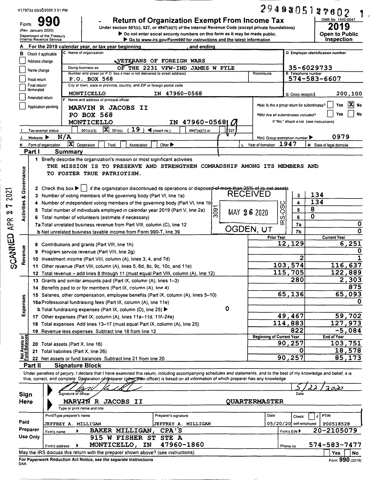 Image of first page of 2019 Form 990O for VFW Department of Indiana - 2231 VFW-Ind James W Pyle