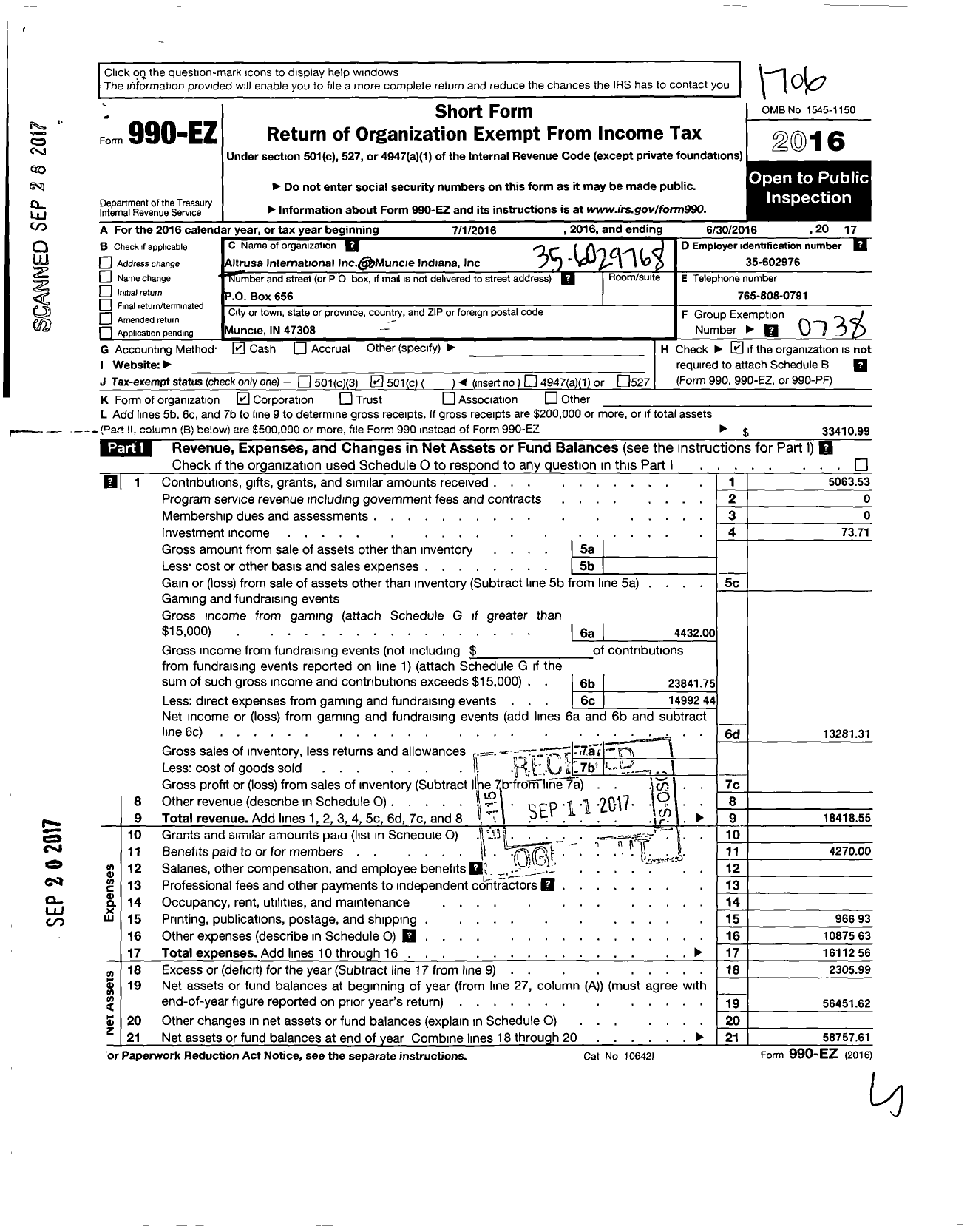 Image of first page of 2016 Form 990EO for Altrusa International / Muncie Indiana Inc