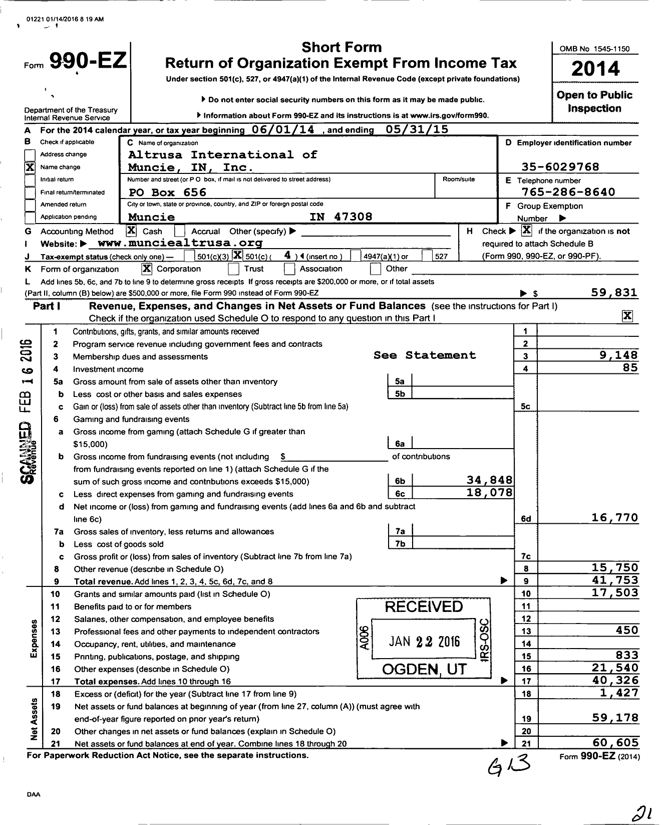 Image of first page of 2014 Form 990EO for Altrusa International / Muncie Indiana Inc