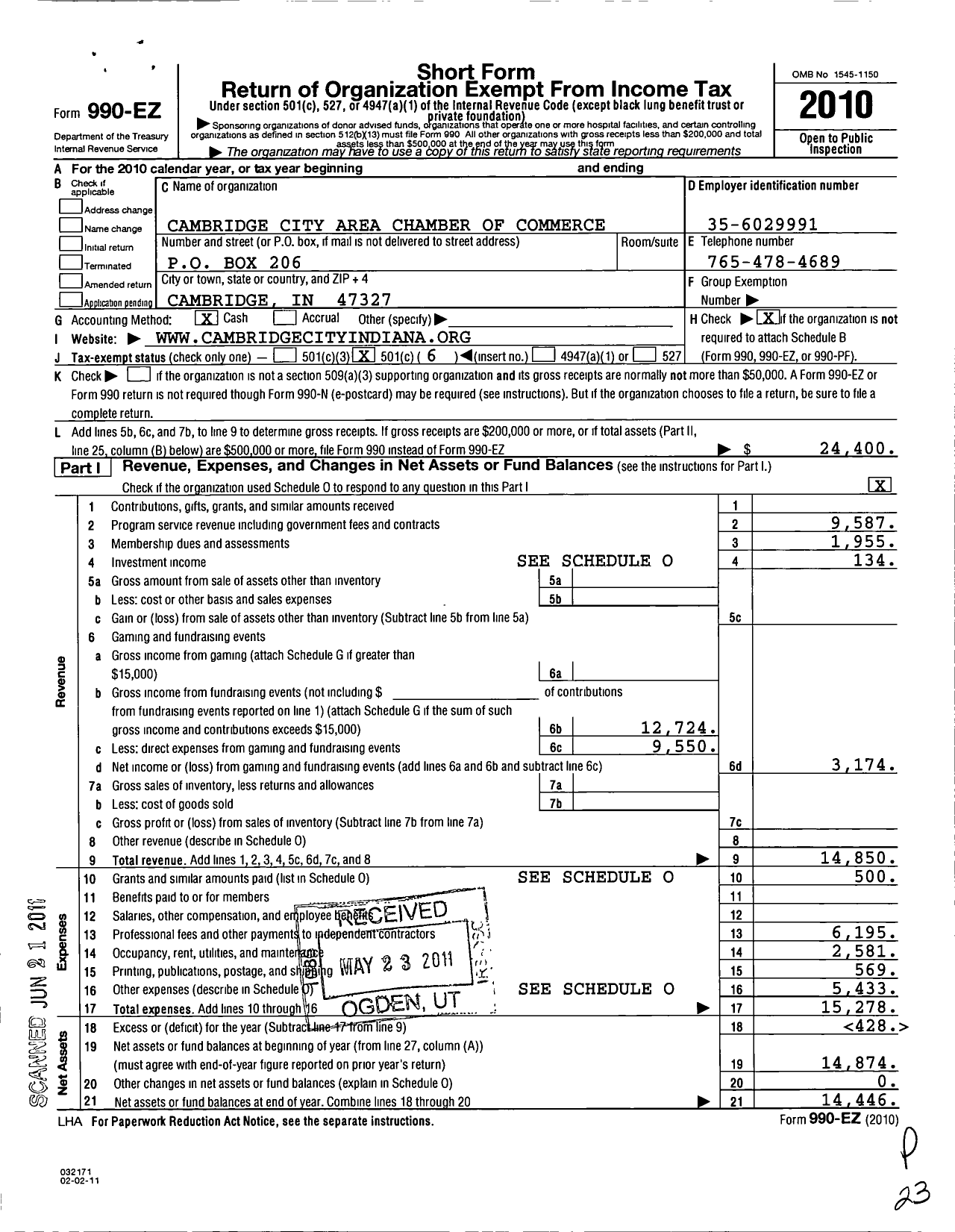 Image of first page of 2010 Form 990EO for Cambridge City Chamber of Commerce