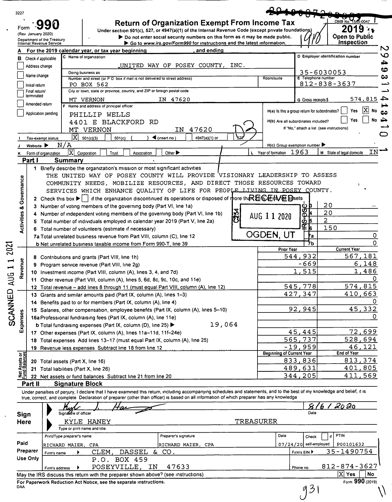 Image of first page of 2019 Form 990 for United Way of Posey County