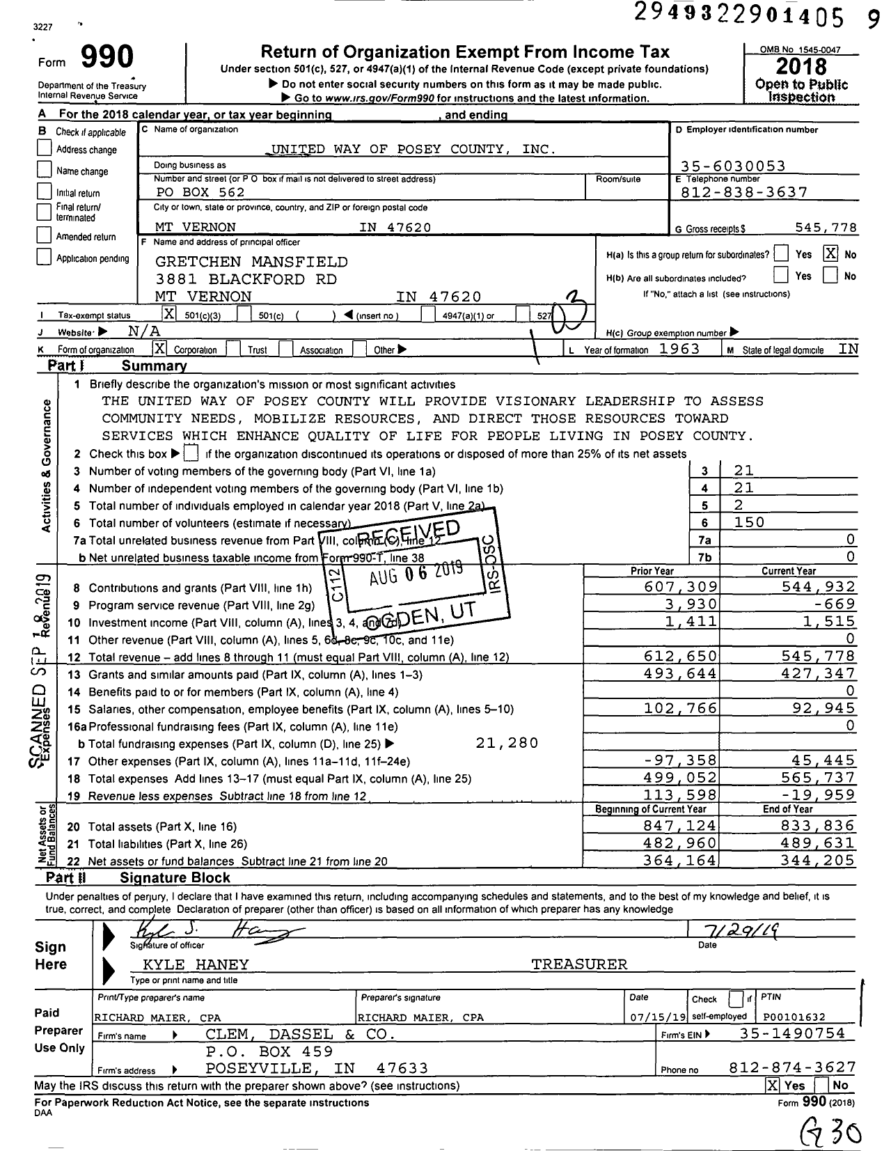 Image of first page of 2018 Form 990 for United Way of Posey County