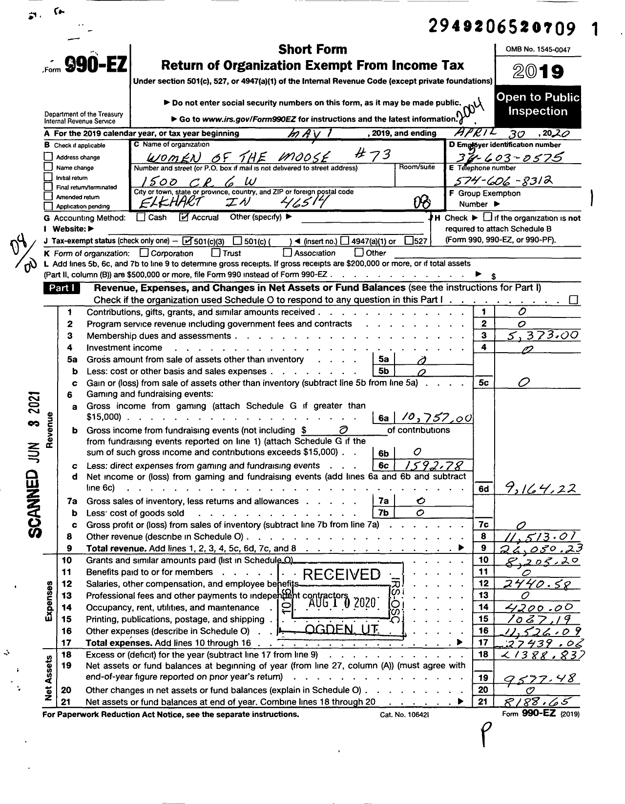 Image of first page of 2019 Form 990EO for Loyal Order of Moose - 73