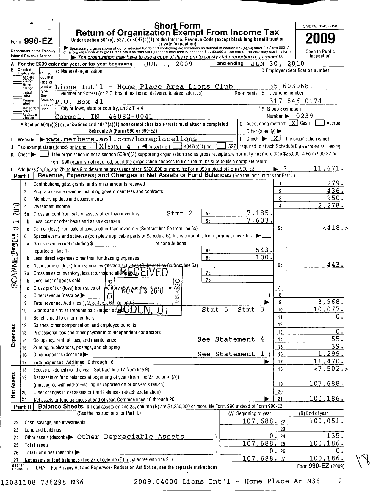 Image of first page of 2009 Form 990EO for Lions Clubs - 47810 Home Place Area