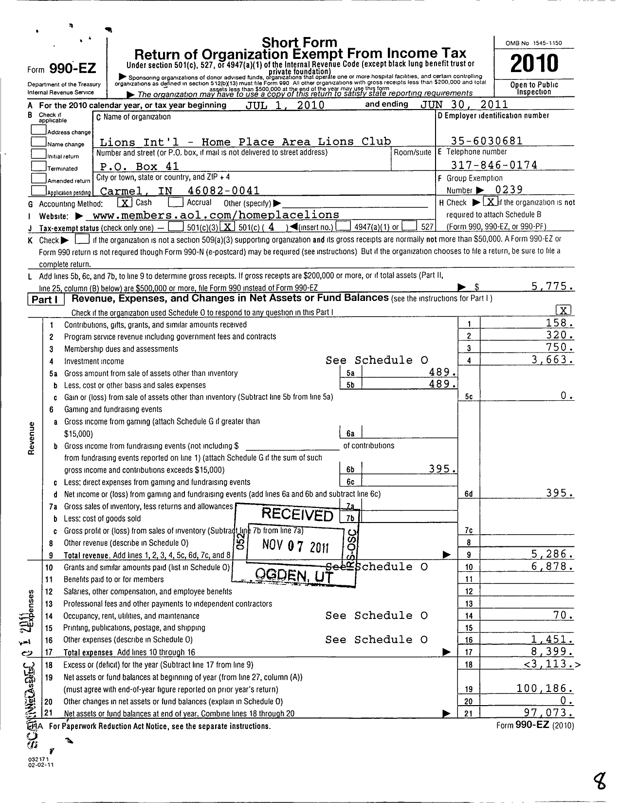 Image of first page of 2010 Form 990EO for Lions Clubs - 47810 Home Place Area