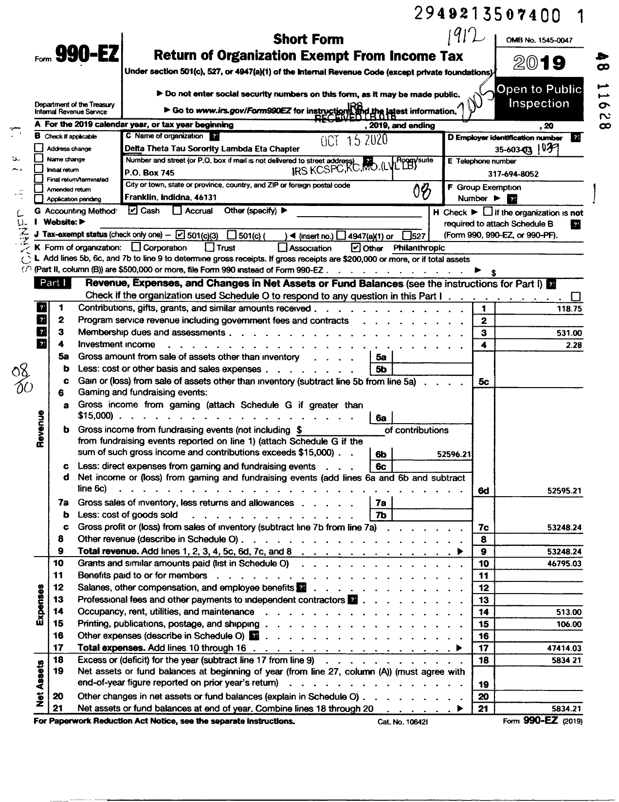 Image of first page of 2019 Form 990EO for DELTA THETA TAU SORORITY / Lambda Eta Chapter