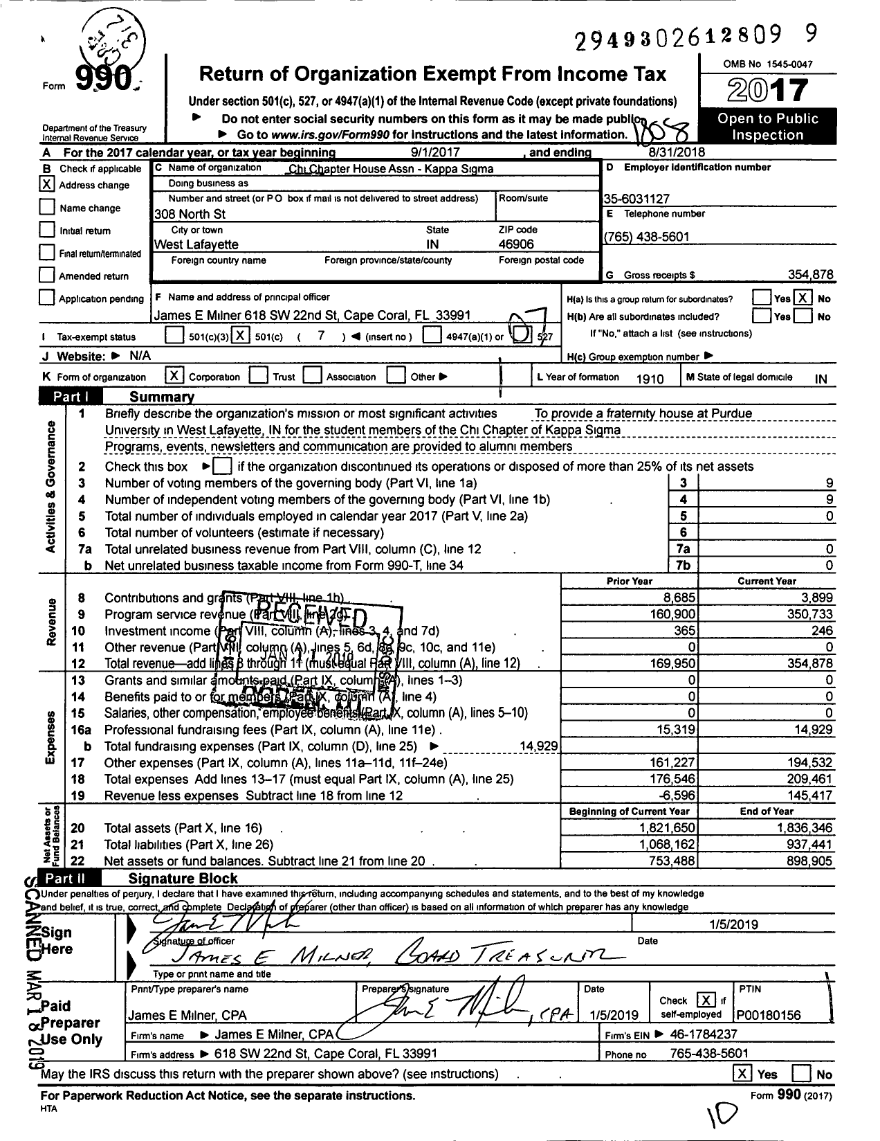 Image of first page of 2017 Form 990O for Chi Chapter House Association of Kappa Sigma