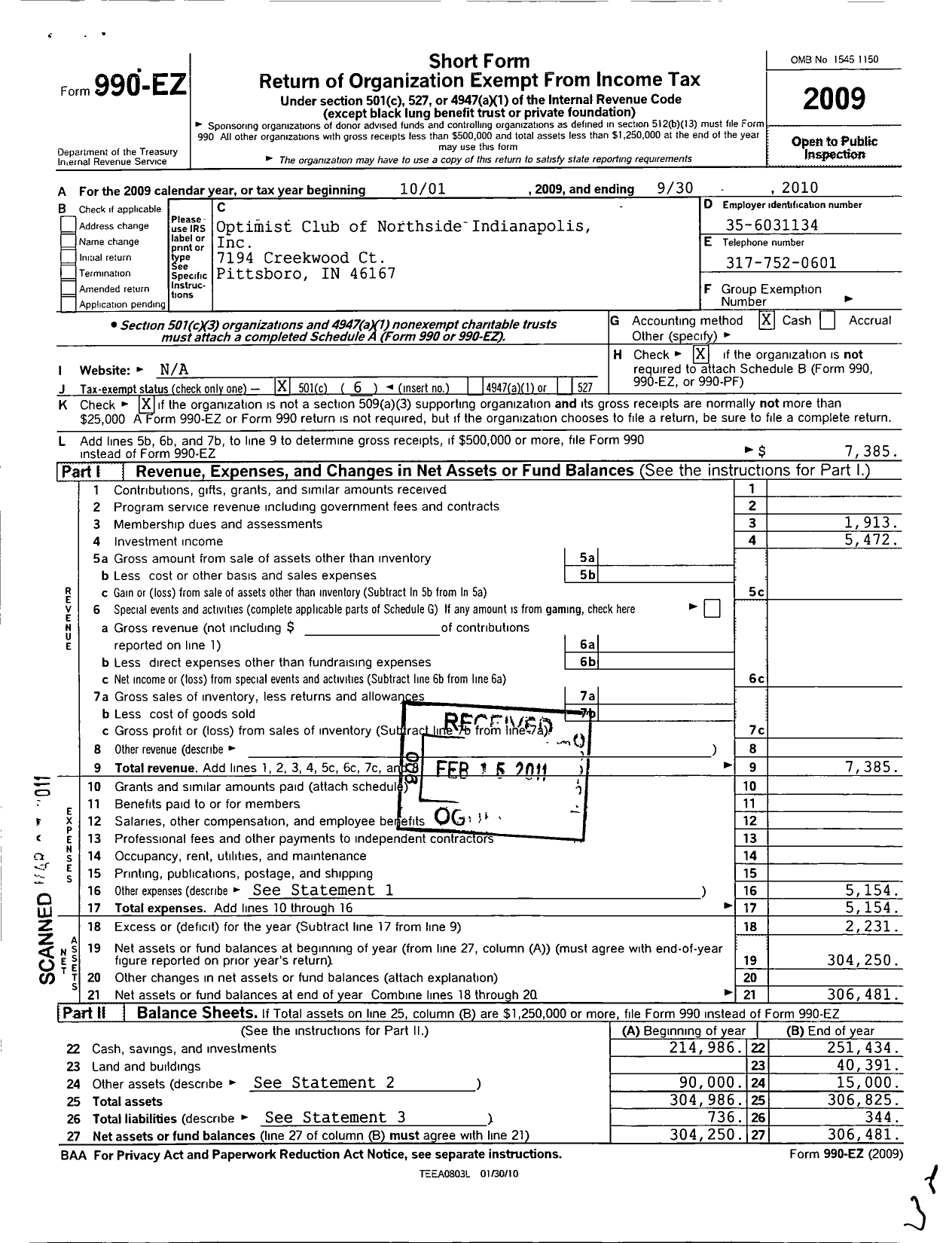 Image of first page of 2009 Form 990EO for Optimist International - 05425 O C of Indianapolis-N Side in