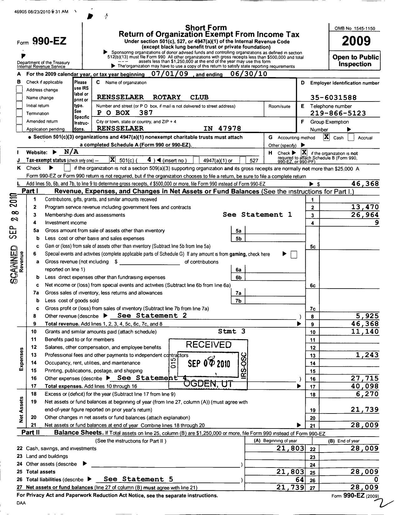 Image of first page of 2009 Form 990EO for Rotary International - Rensselaer Rotary Club