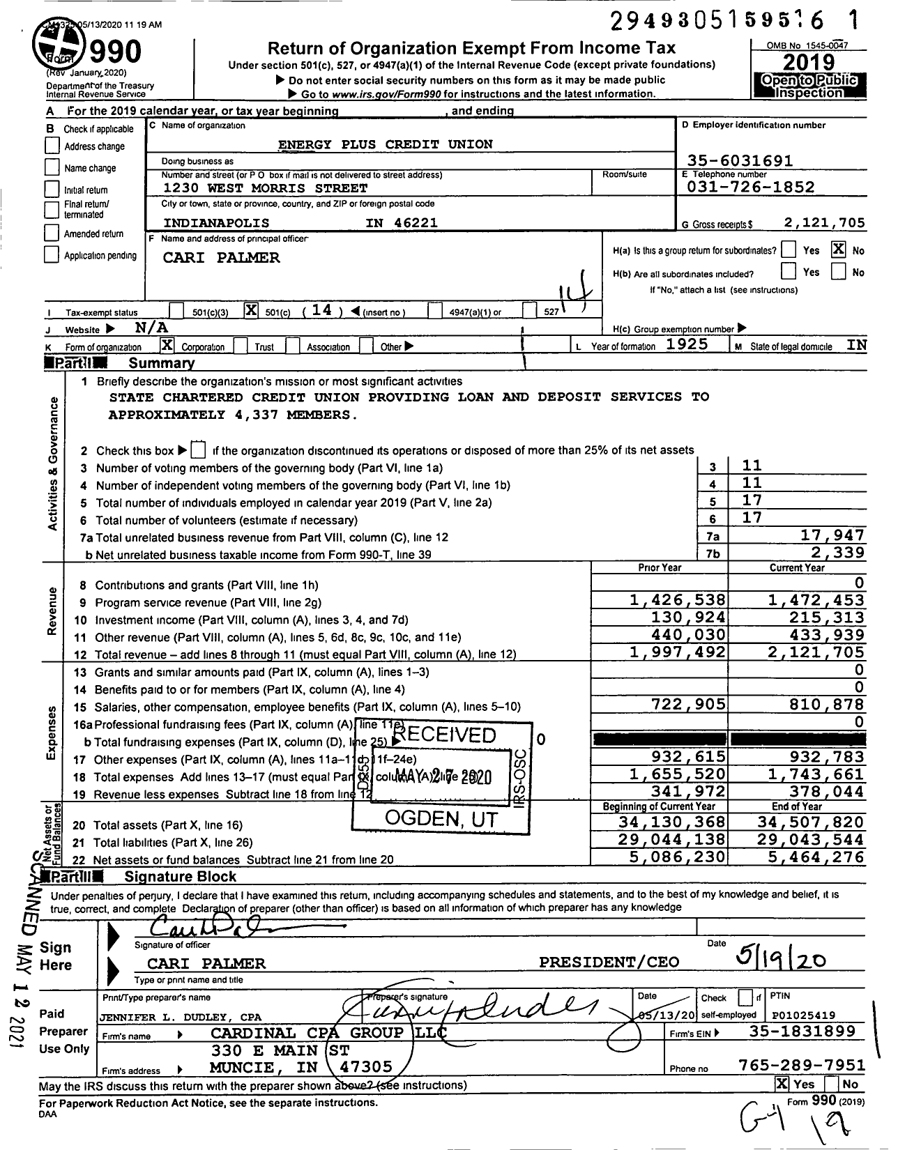 Image of first page of 2019 Form 990O for Energy Plus Credit Union