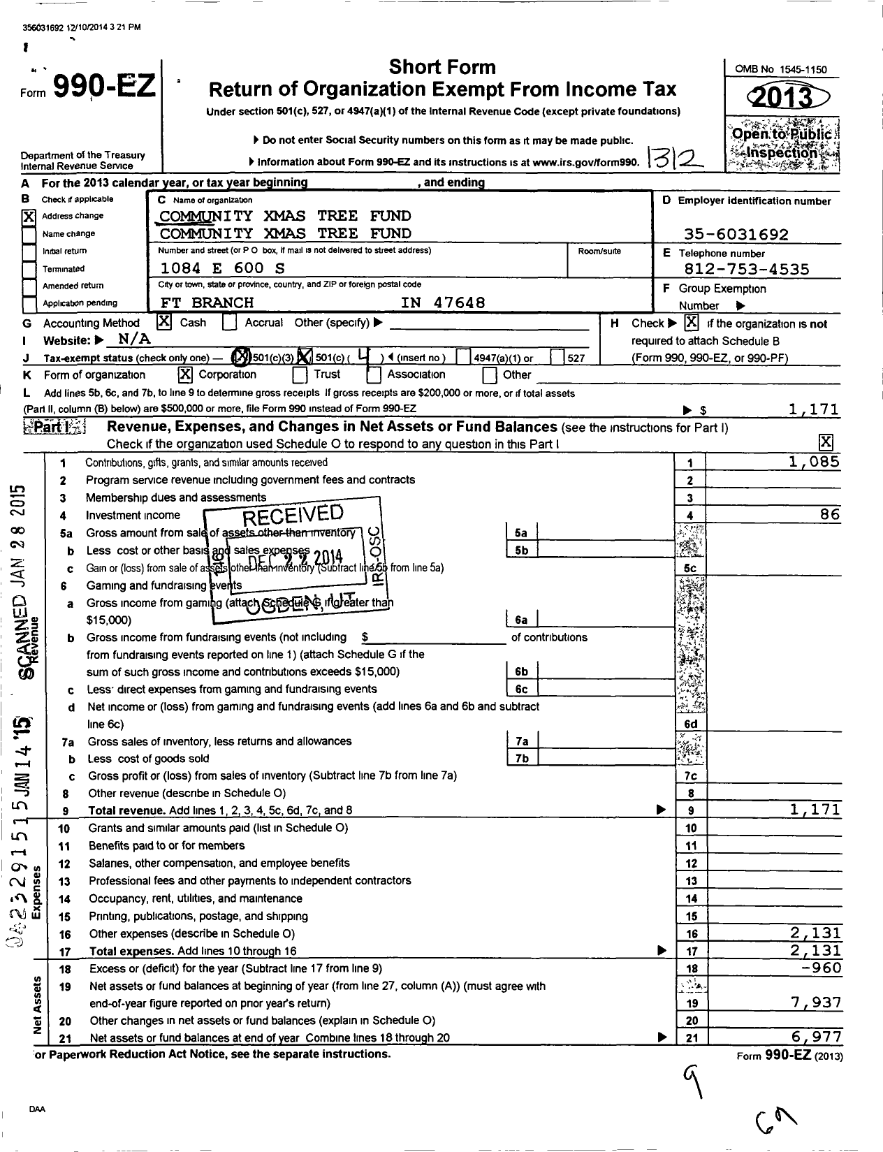 Image of first page of 2013 Form 990EO for Community Xmas Tree Fund